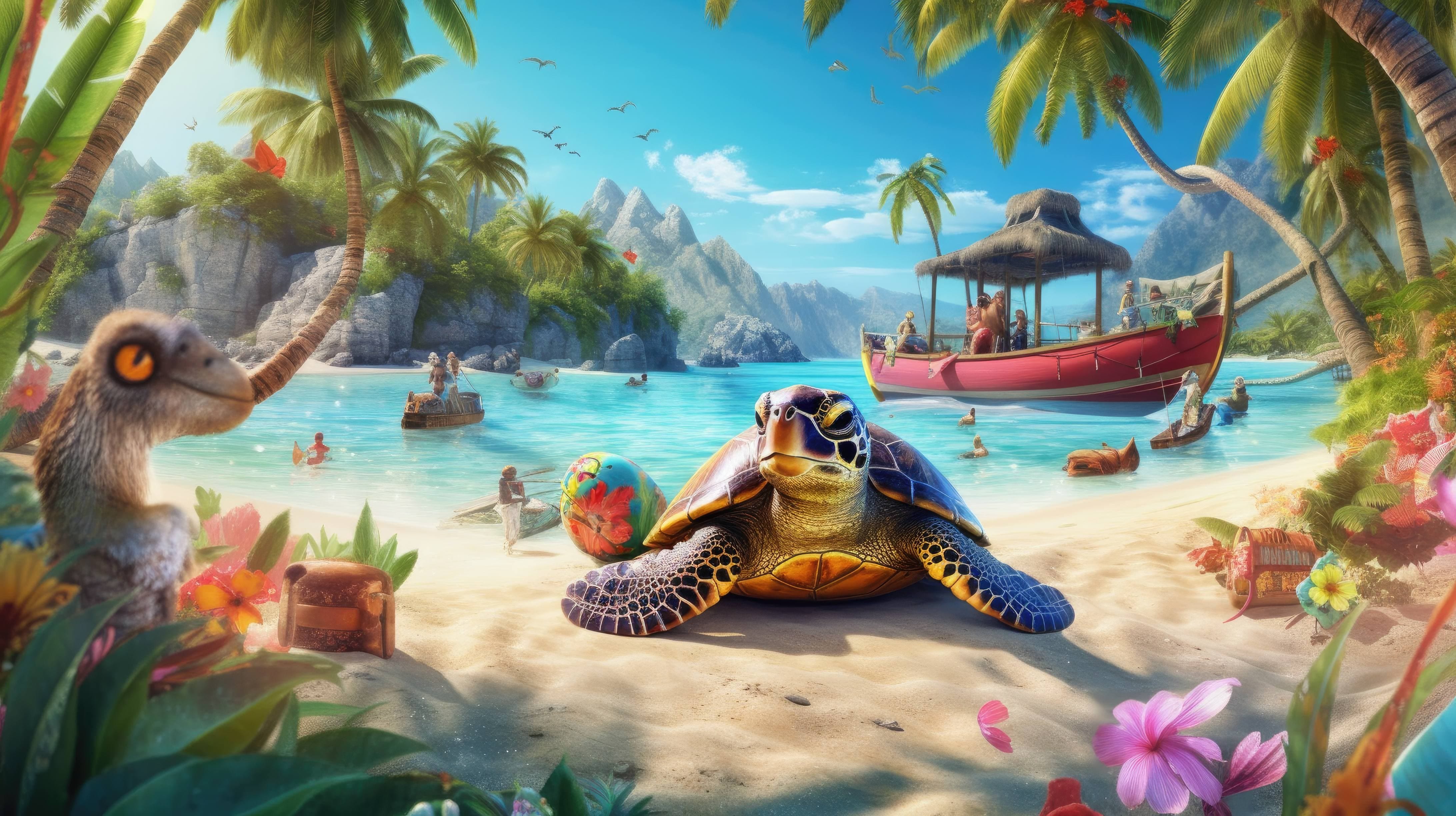 A 4K ultra HD wallpaper of a charismatic turtle wearing a colorful Hawaiian shirt and a straw hat, relaxing on a hammock on a pristine tropical beach, with other animals dressed in