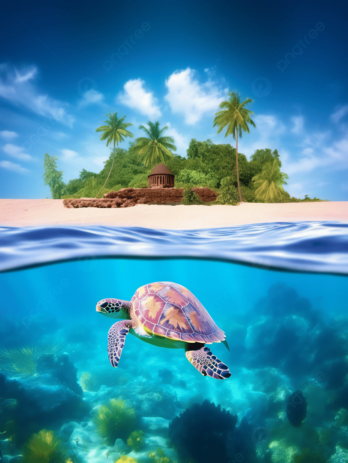 Island Sea Level Underwater World Sea Turtle Photography Advertising Background Wallpaper Image For Free Download
