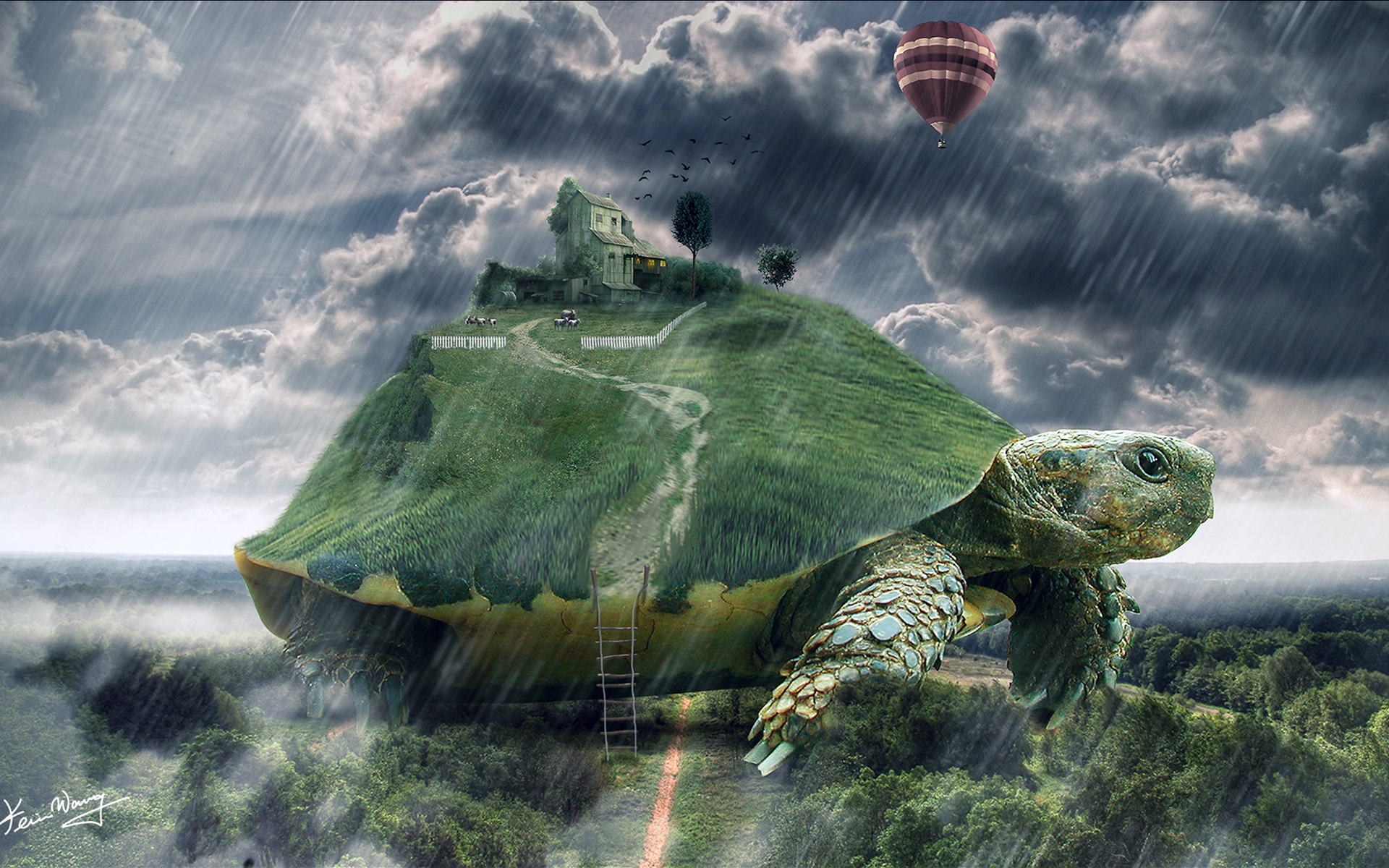 Tortoise animals sheep turtle islands houses cg dugutal art fantasy landscapes rain storm drops wallpaperx1200