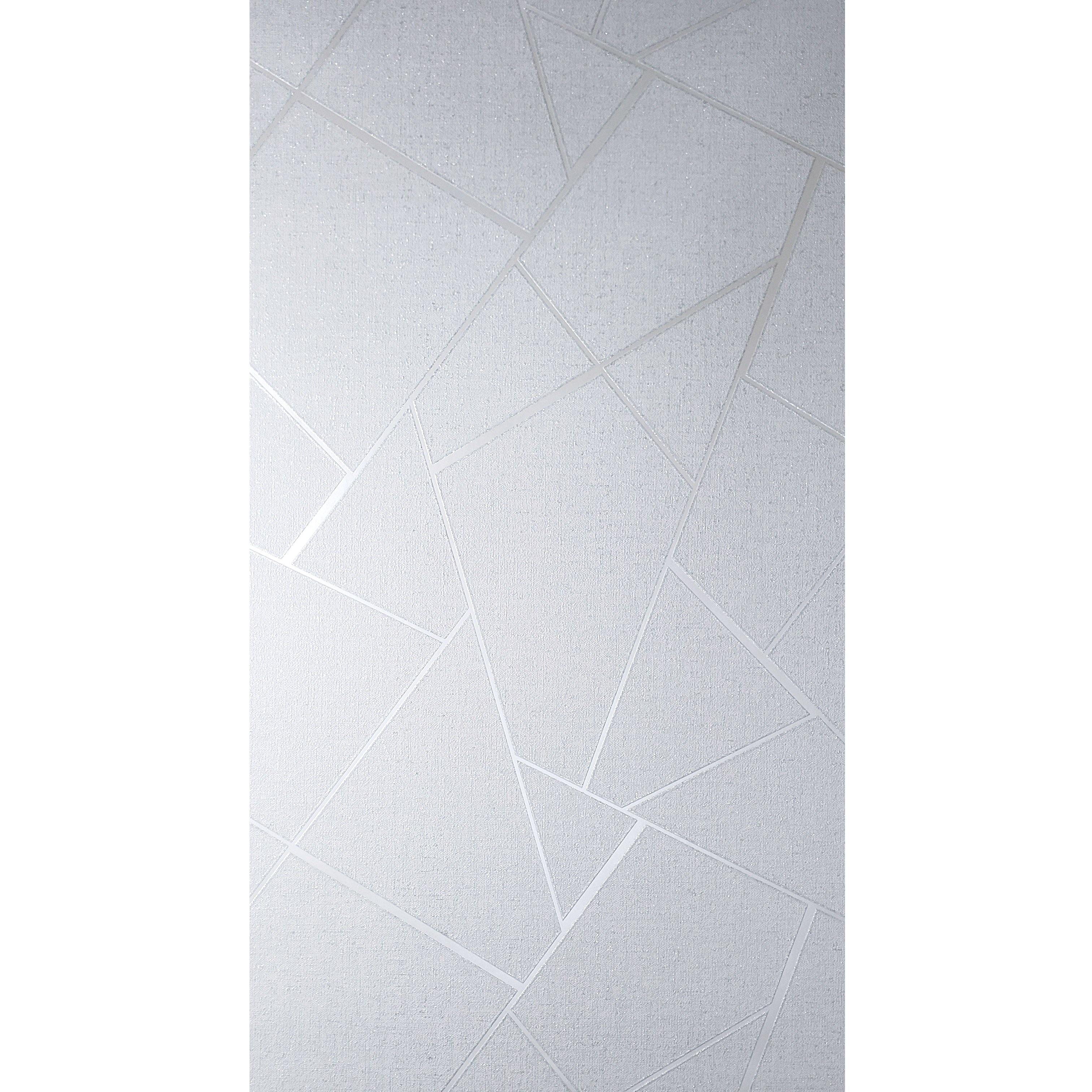WM4228001 Contemporary Wallpaper White Silver Metallic geometric textu