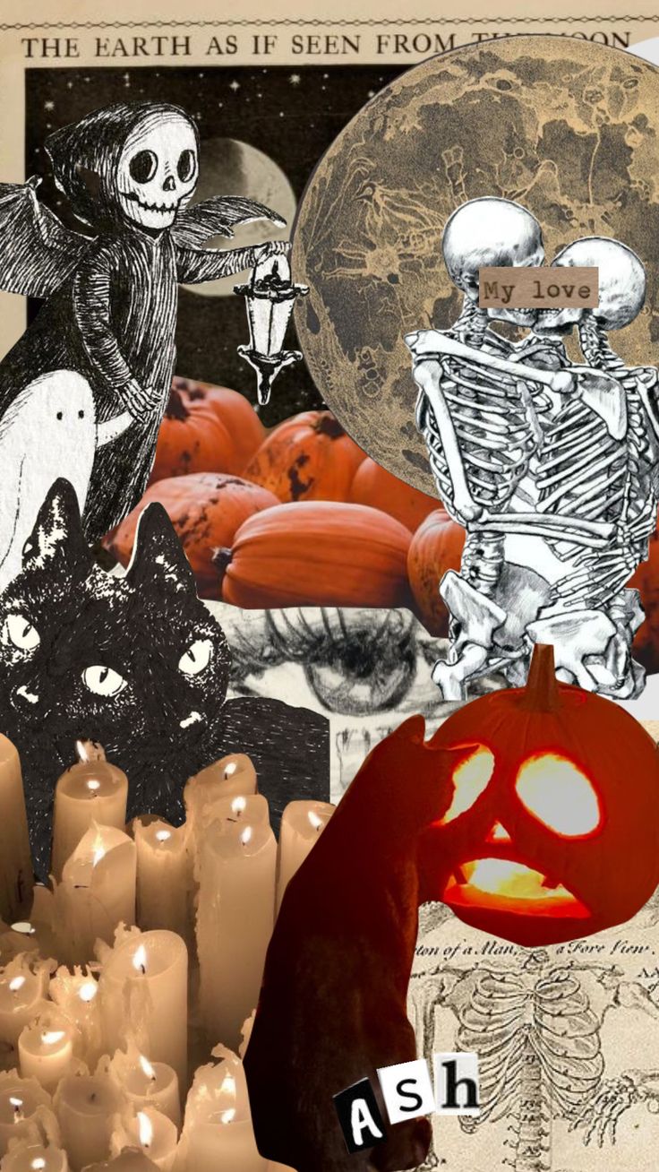 aesthetic #moodboard #collage #love #vintage #cats #halloween #candles #ghost #skeletons. Halloween, Halloween wreath, Mood board