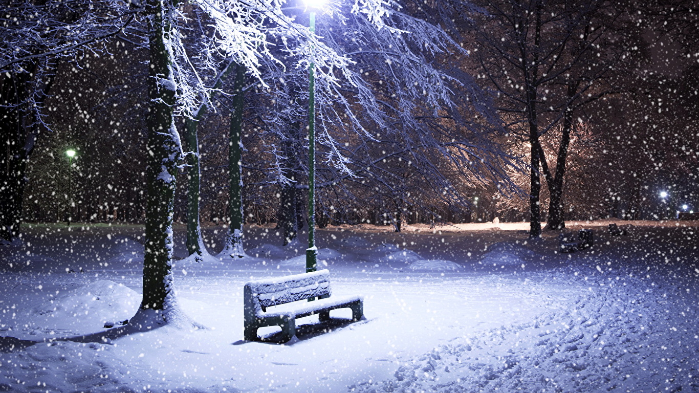 image Winter Nature Snow Bench Street lights Seasons 1366x768