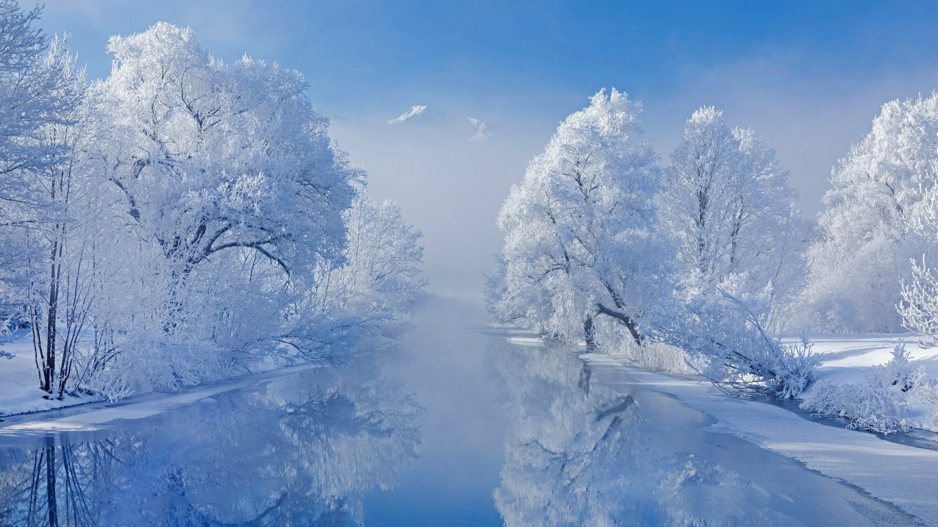 Download wallpaper 1366x768 winter, frozen lake and trees, nature, tablet, laptop, 1366x768 HD background, 27709
