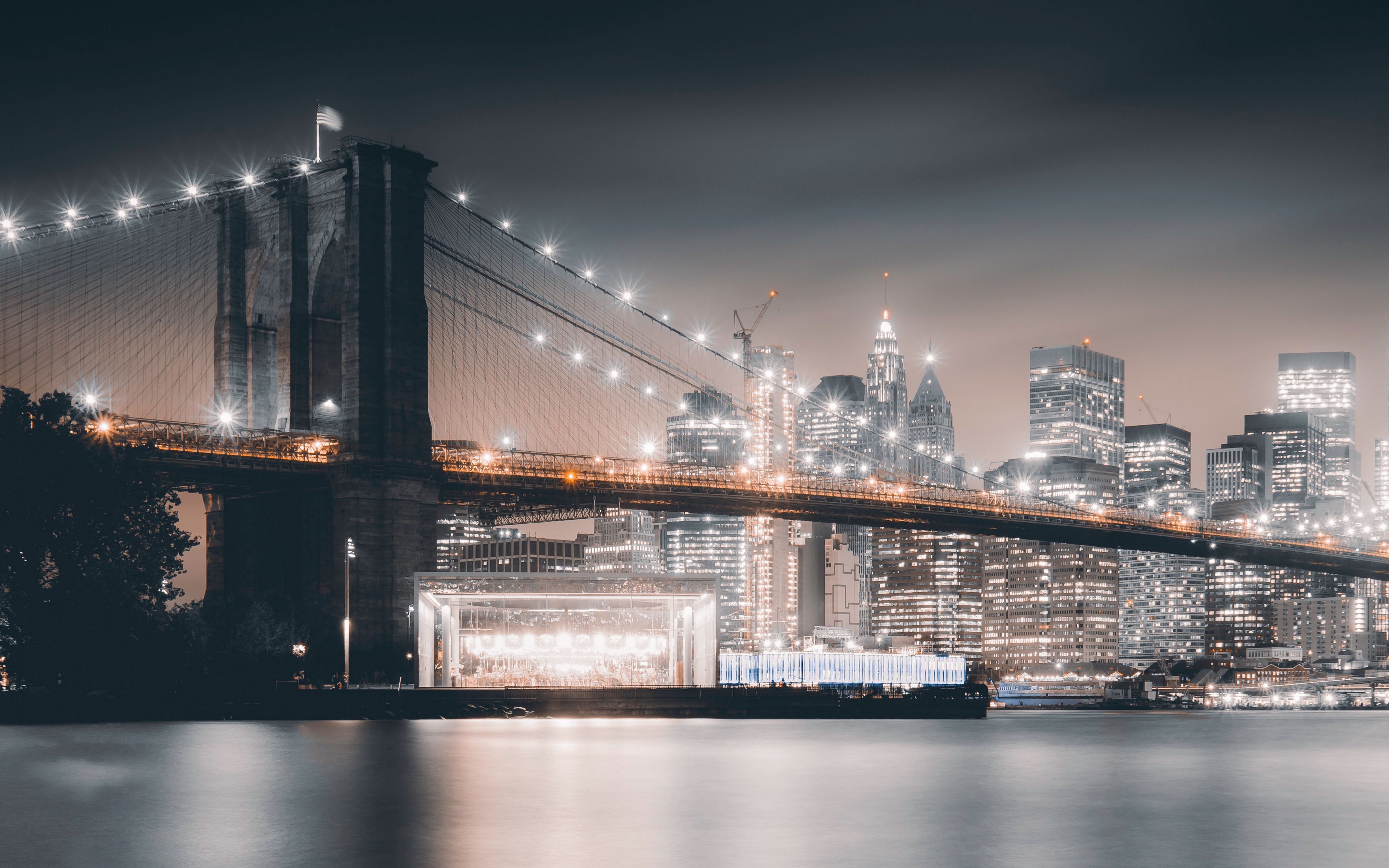 Download wallpaper 3840x2400 night city, bridge, city lights, brooklyn, united states 4k ultra HD 16:10 HD background