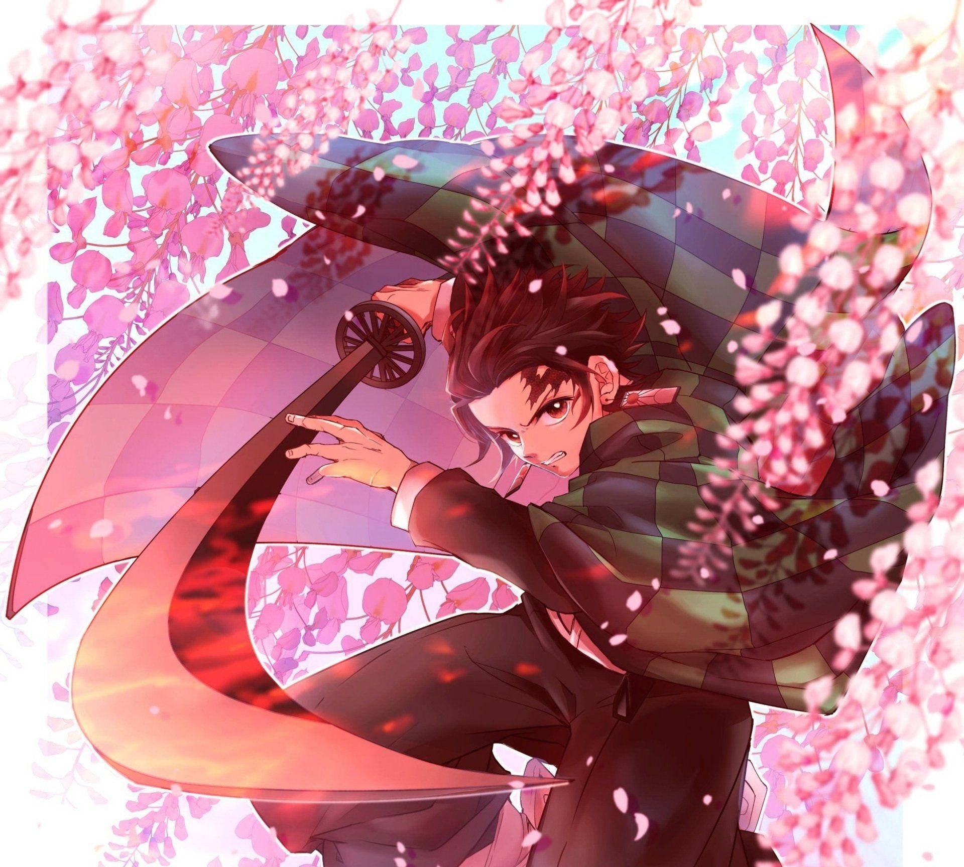 Download Demon Slayer Tanjiro Pink Flowers Wallpaper