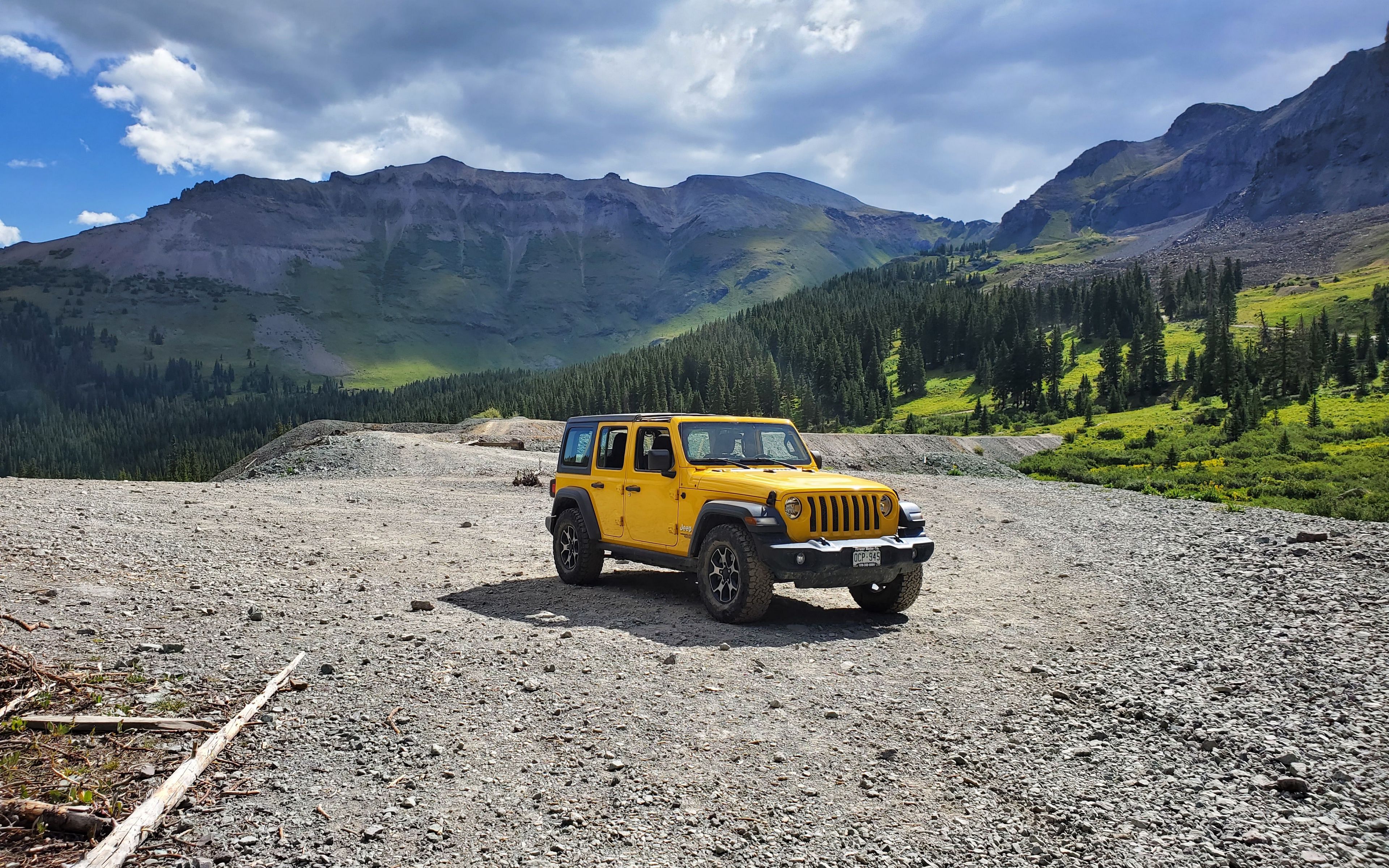 Download wallpaper 3840x2400 jeep, car, suv, yellow, mountains, nature 4k ultra HD 16:10 HD background