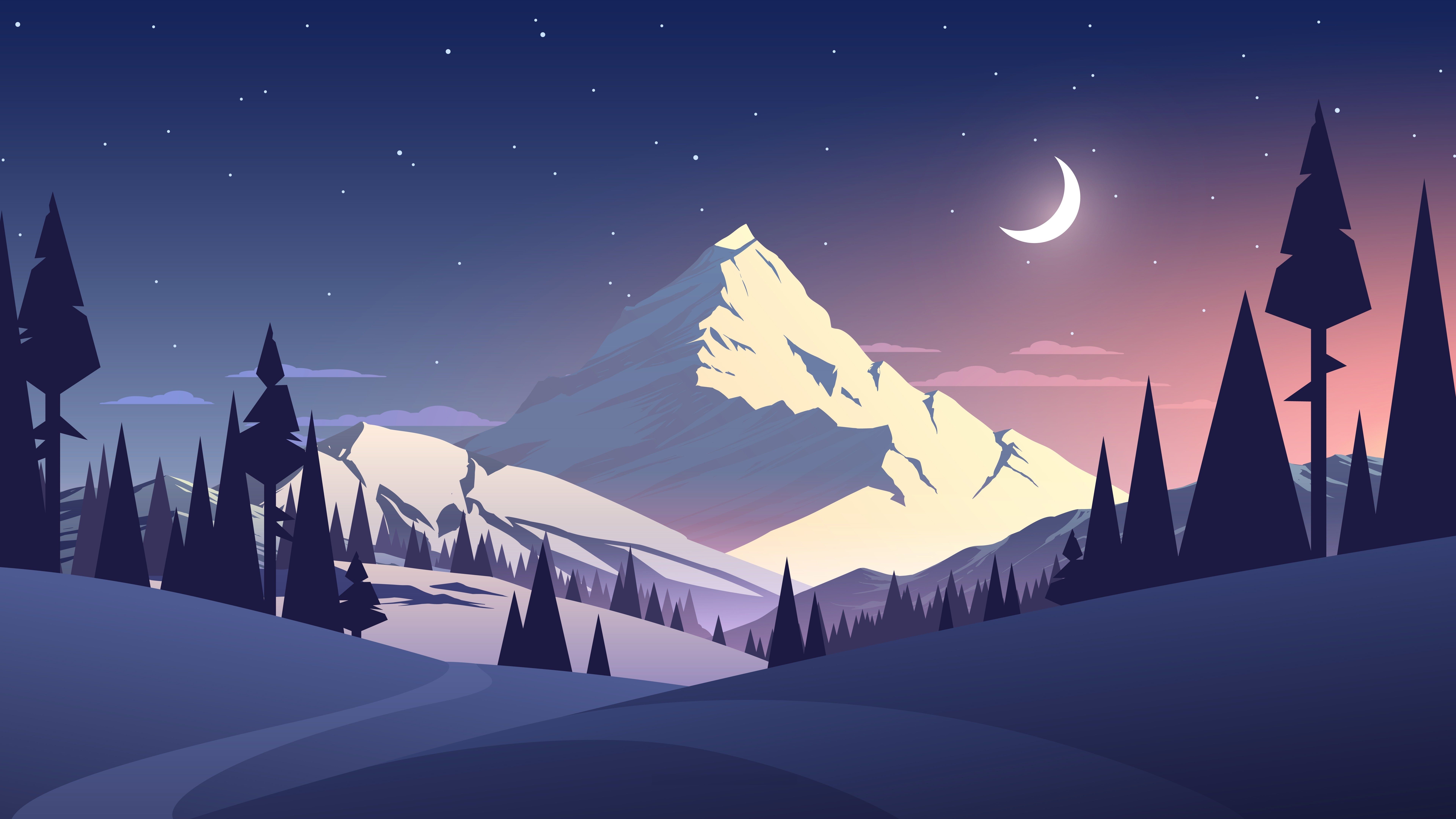 Winter landscape minimalist digital art. Night landscape, 4k wallpaper for pc, Desktop wallpaper art