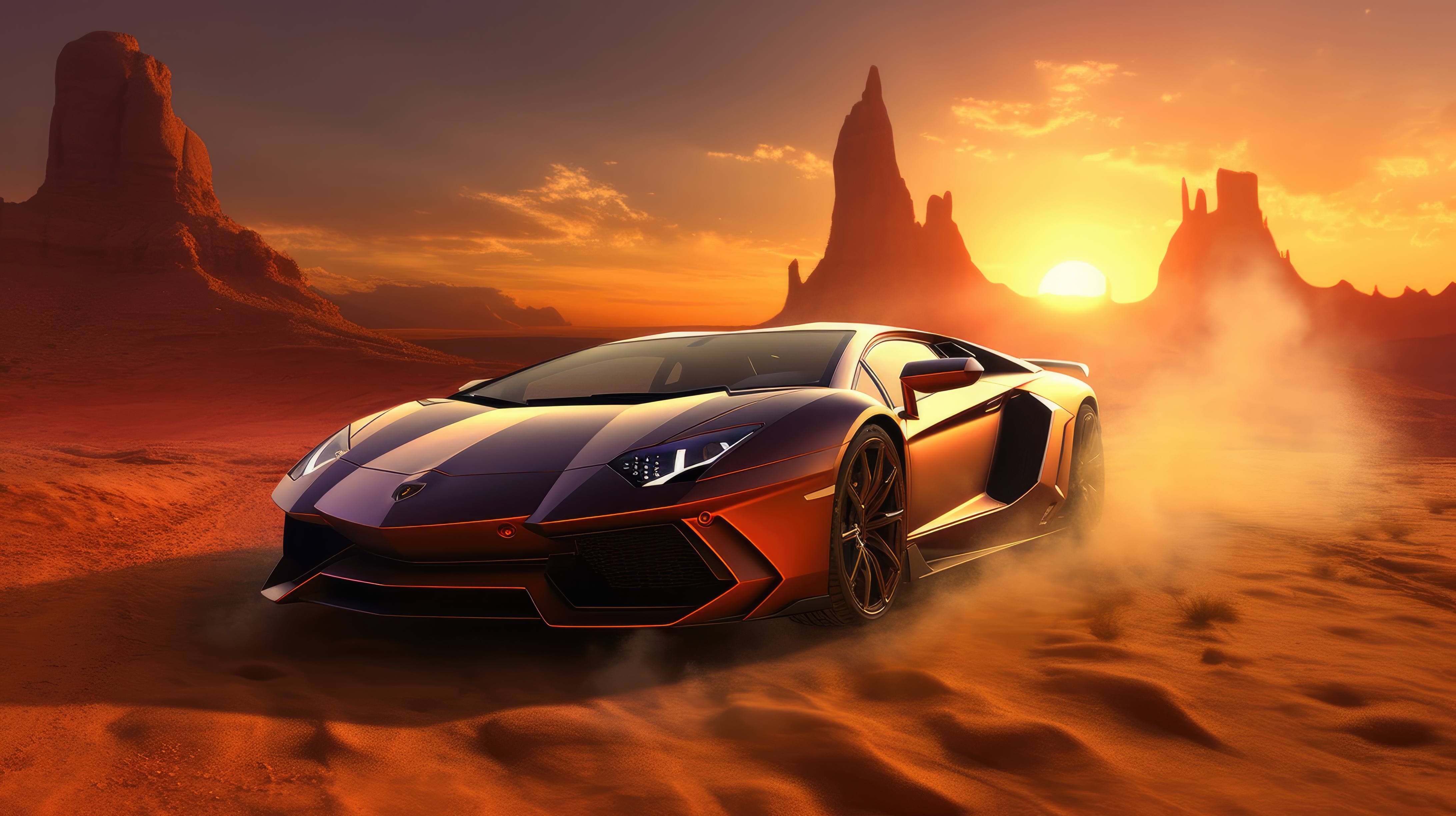 A 4K ultra HD wallpaper of a futuristic Lamborghini Aventador driving through a desert landscape