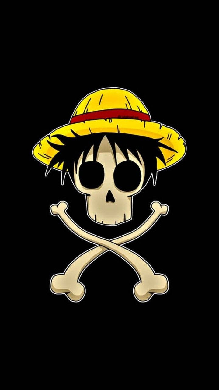 Download Luffy Black Backdrop Skull And Straw Hat Wallpaper