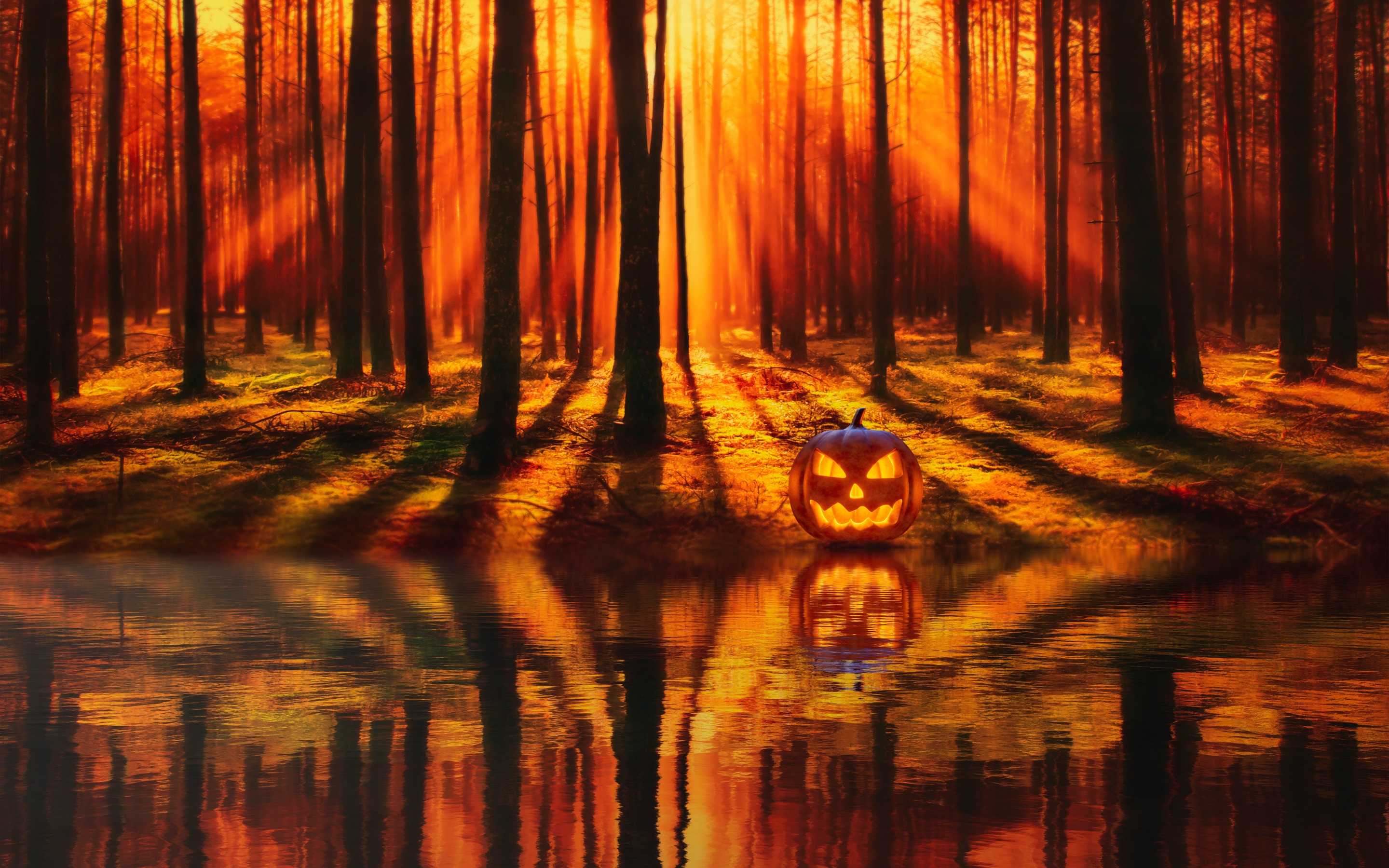 Jack O' Lantern Wallpaper 4K, Halloween Pumpkin, Forest, Lake