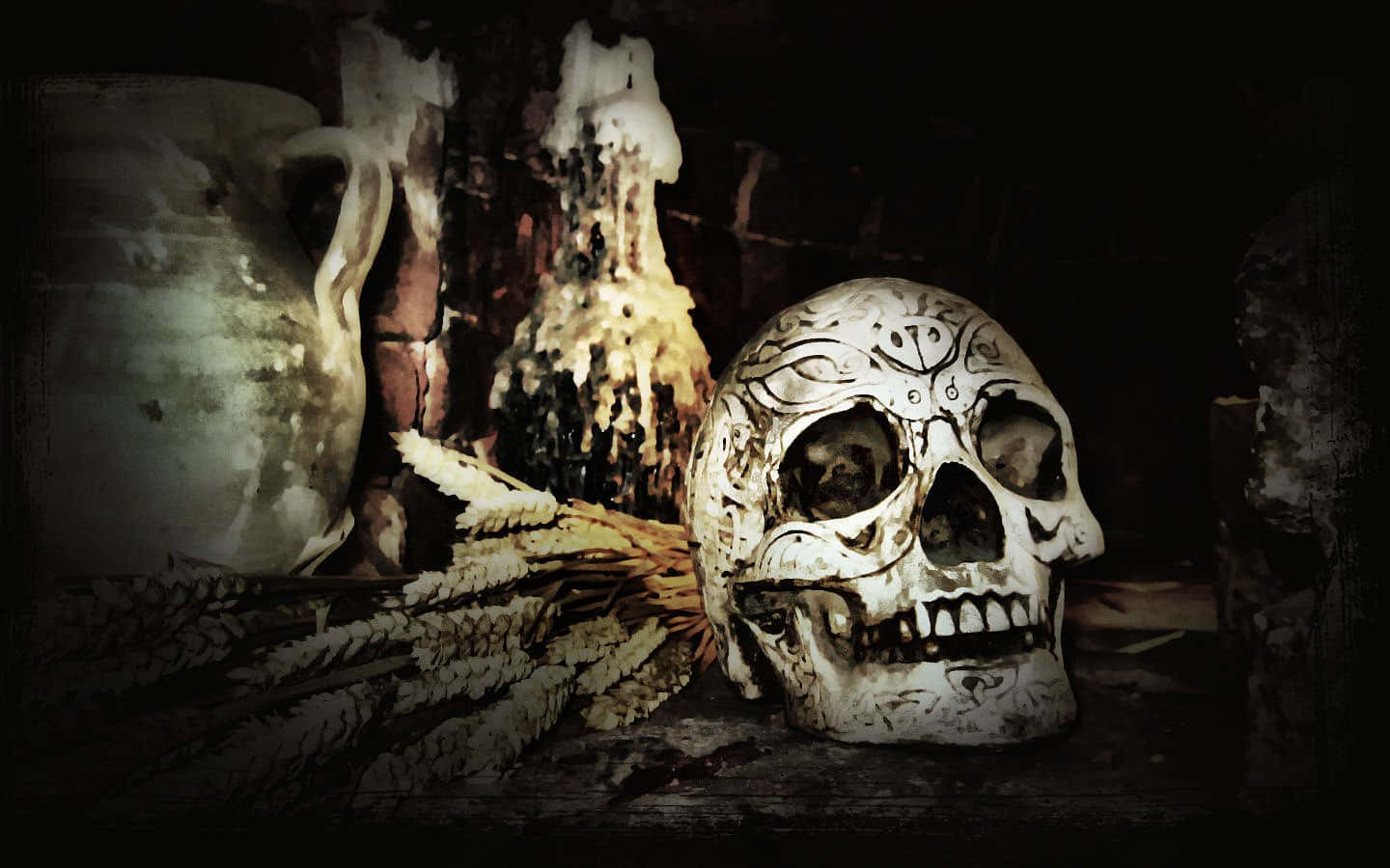 Download Gothic Computer Skull And Bottles Wallpaper