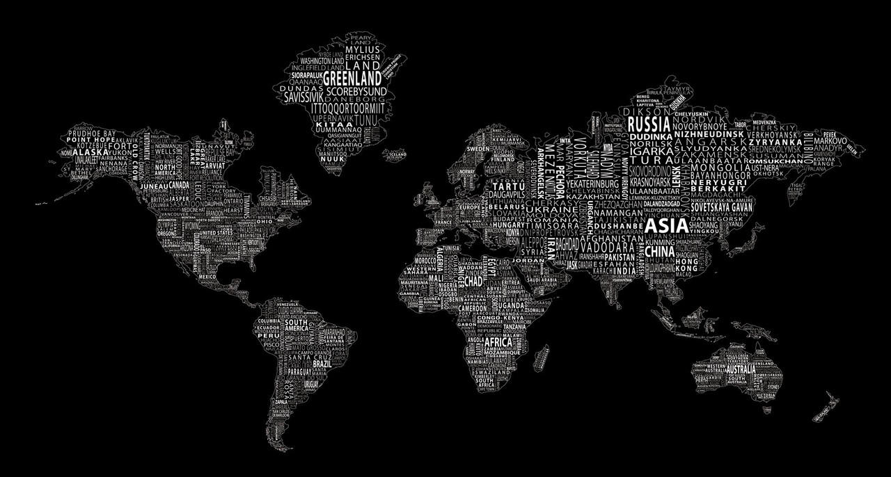 1 World Text Map Mural On Black. World Maps Online