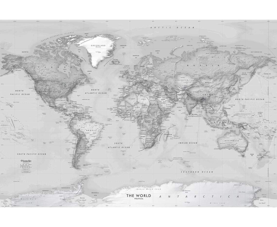 Academia Maps Large 62 x 42 Grayscale World Map Wall Decal. Easy to Hang Wallpaper Stick and Peel. Wall Map of The World. Black and White World Wall Map