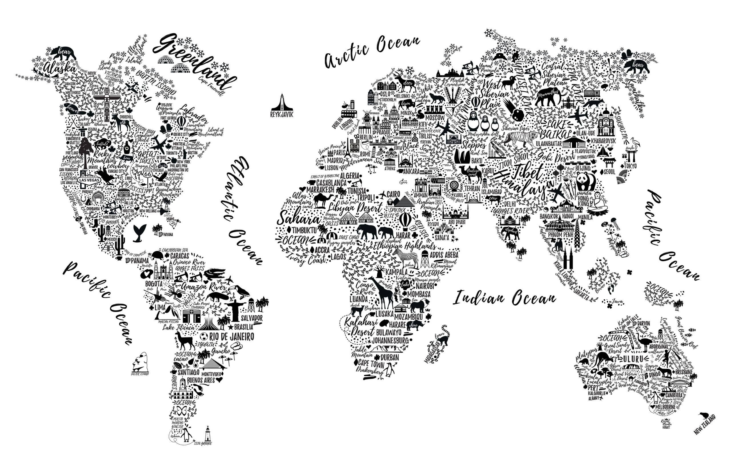 Black & White Typography Map Wallpaper Mural