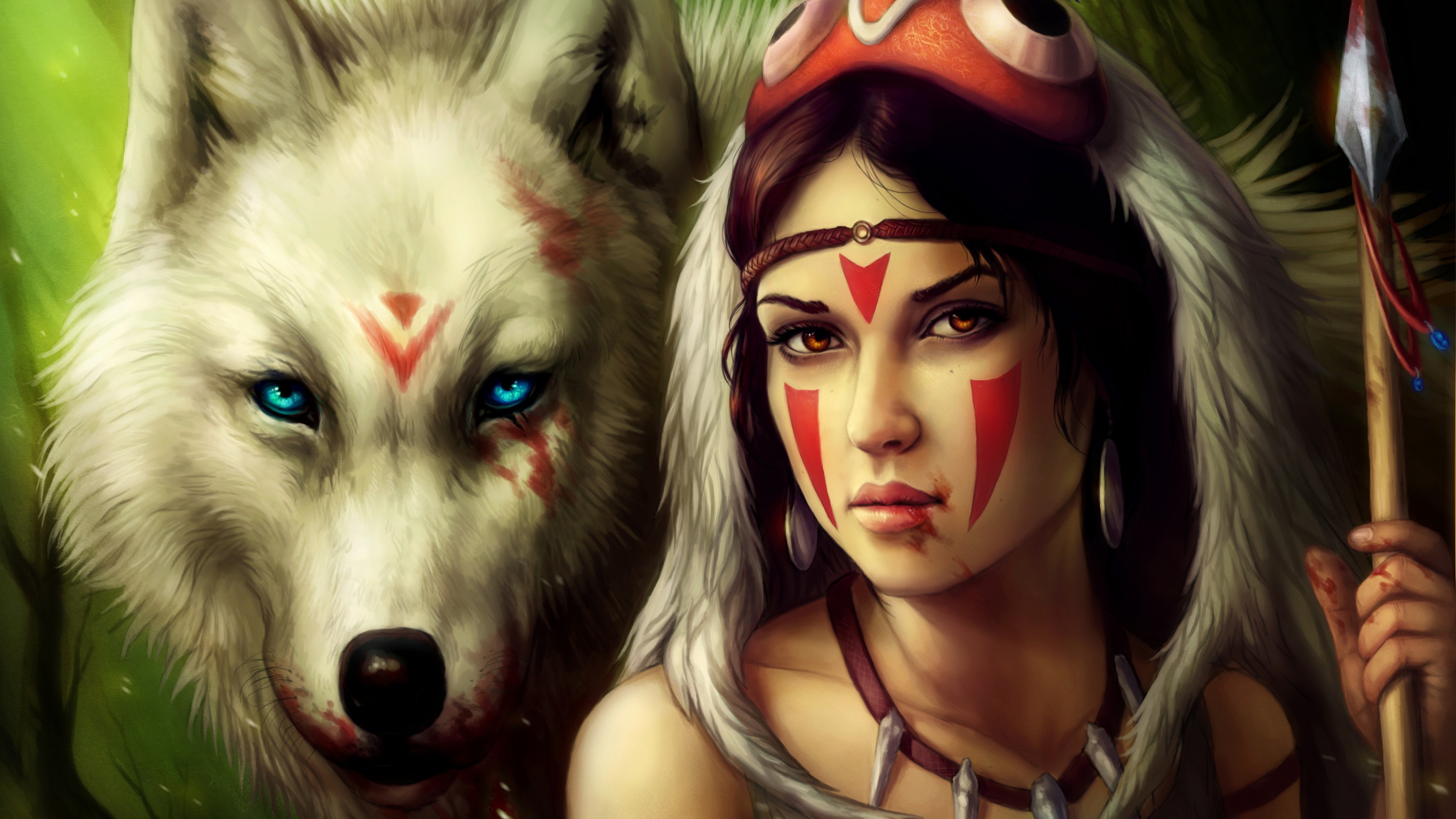 Wallpaper Miyazaki, Mononoke Hime, Wolf, Blue Eyes, Blood, Forest, Art