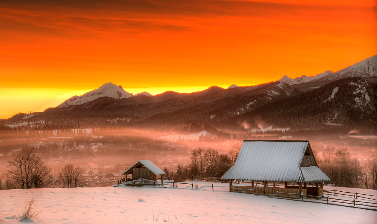 Image Poland Fog Nature Winter mountain Snow sunrise and sunset