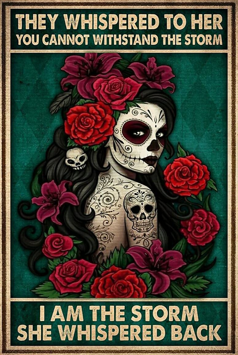 Metal Tin Retro Sign And She Lived Happily Ever After Metal Poster, Wicked Witch Halloween Art, Sugar Skull Metal Poster, Day Of The Dead, Vintage Aluminum Sign For Home Coffee Wall Decor 8x12