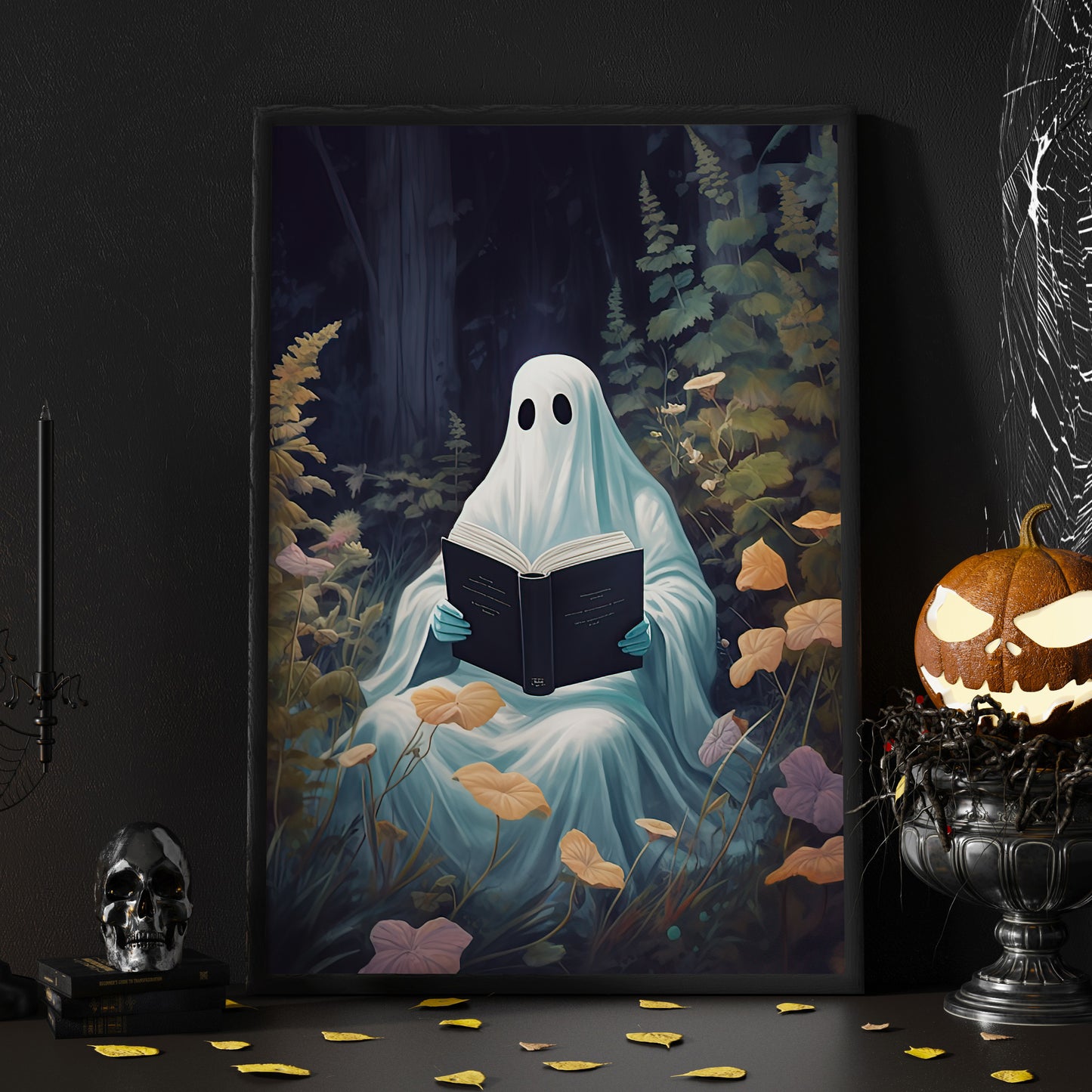 The Spooky Ghost Reading Book In Forest Vintage Gothic Halloween Canva