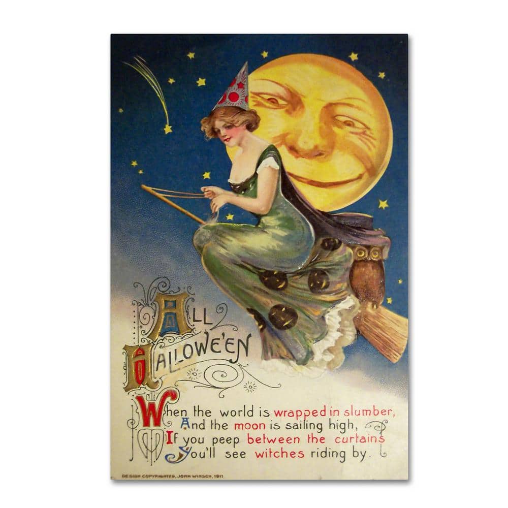 Trademark Fine Art 16 In. X 24 In. Halloween Witch Greendress Moon By Vintage Apple Collection Floater Frame Fantasy Wall Art ALI6333 C1624GG Home Depot