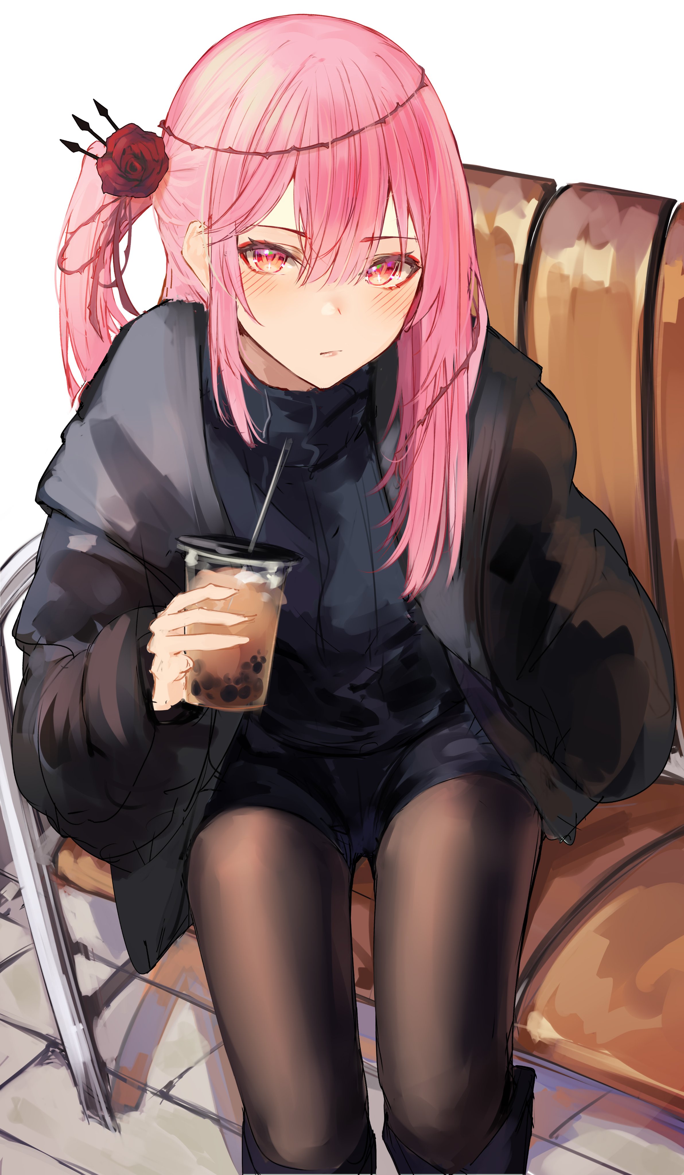 pink hair, sitting, anime, anime girls, Virtual Youtuber, Nijisanji, Rosemi Lovelock, portrait display, bubble tea, Boba (drink)x4096 Wallpaper