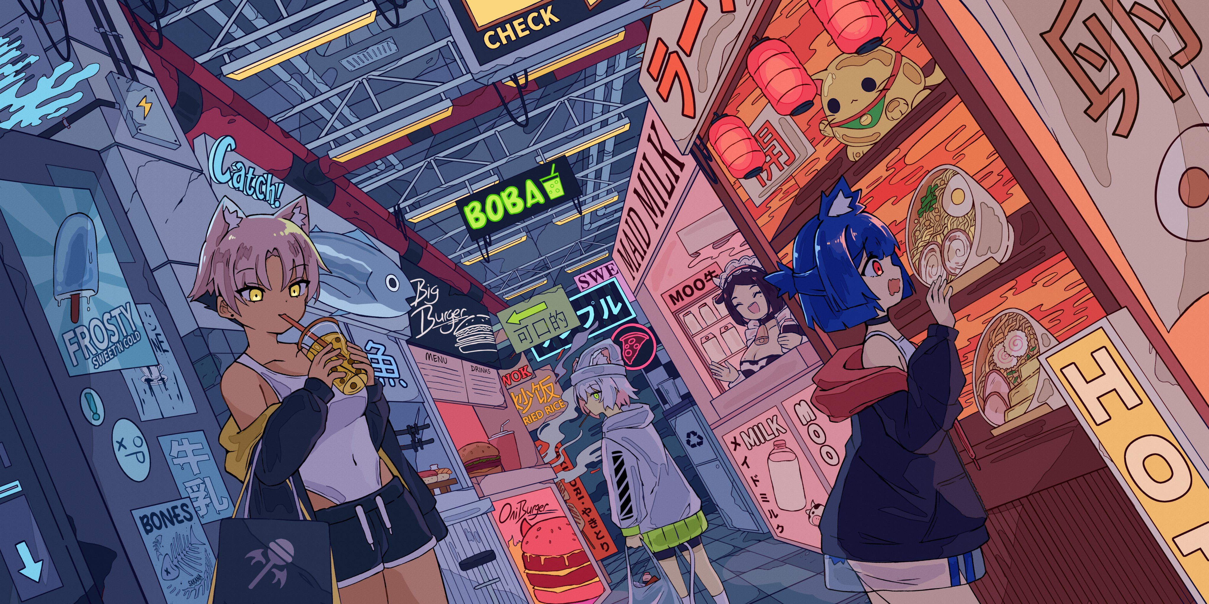 cat girl, cow girl, standing, short hair, anime girls, bubble tea, Market, ramen, drink, drinking, glowing eyes, foodx2048 Wallpaper