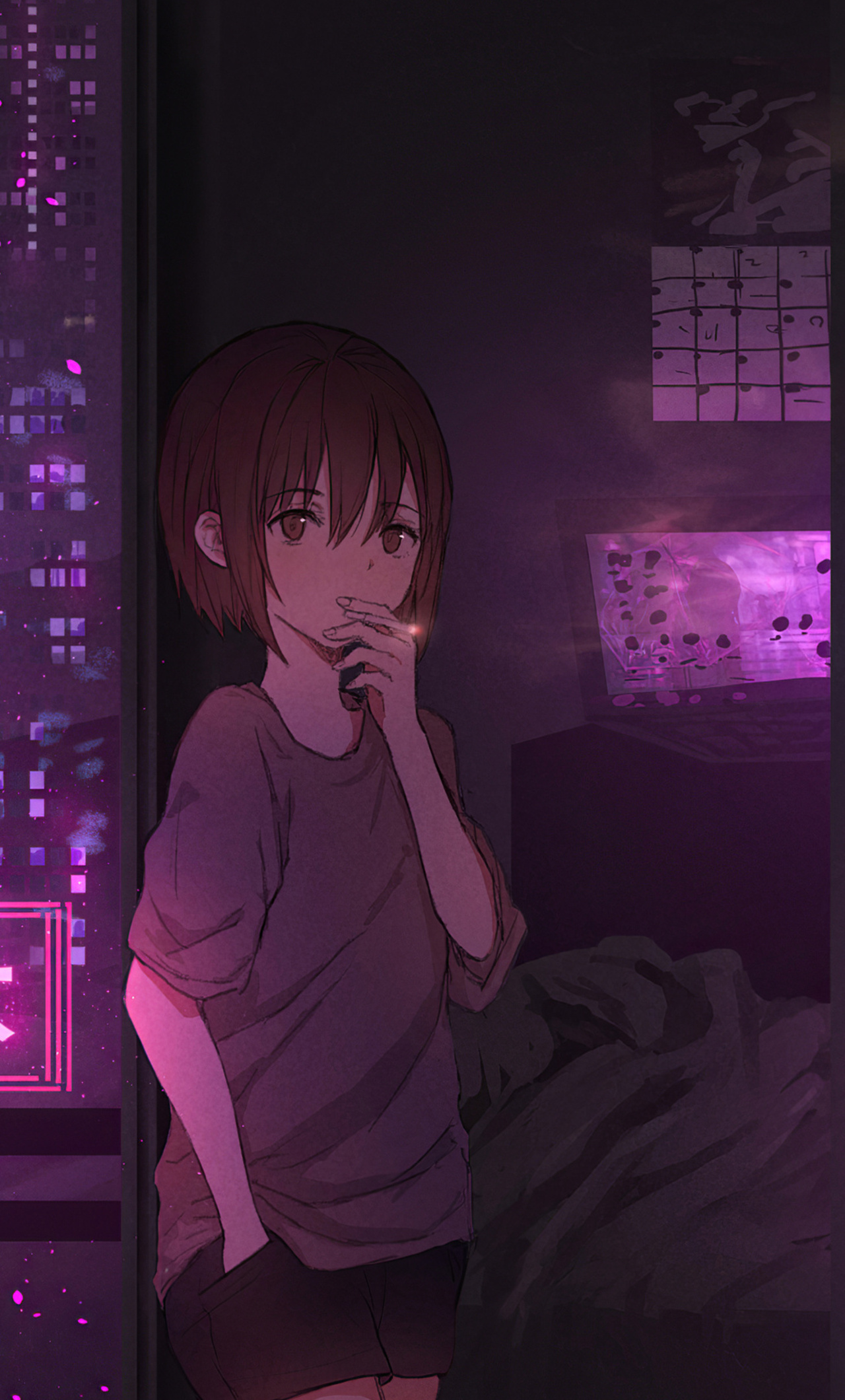 Neon Night Anime Girl Cat