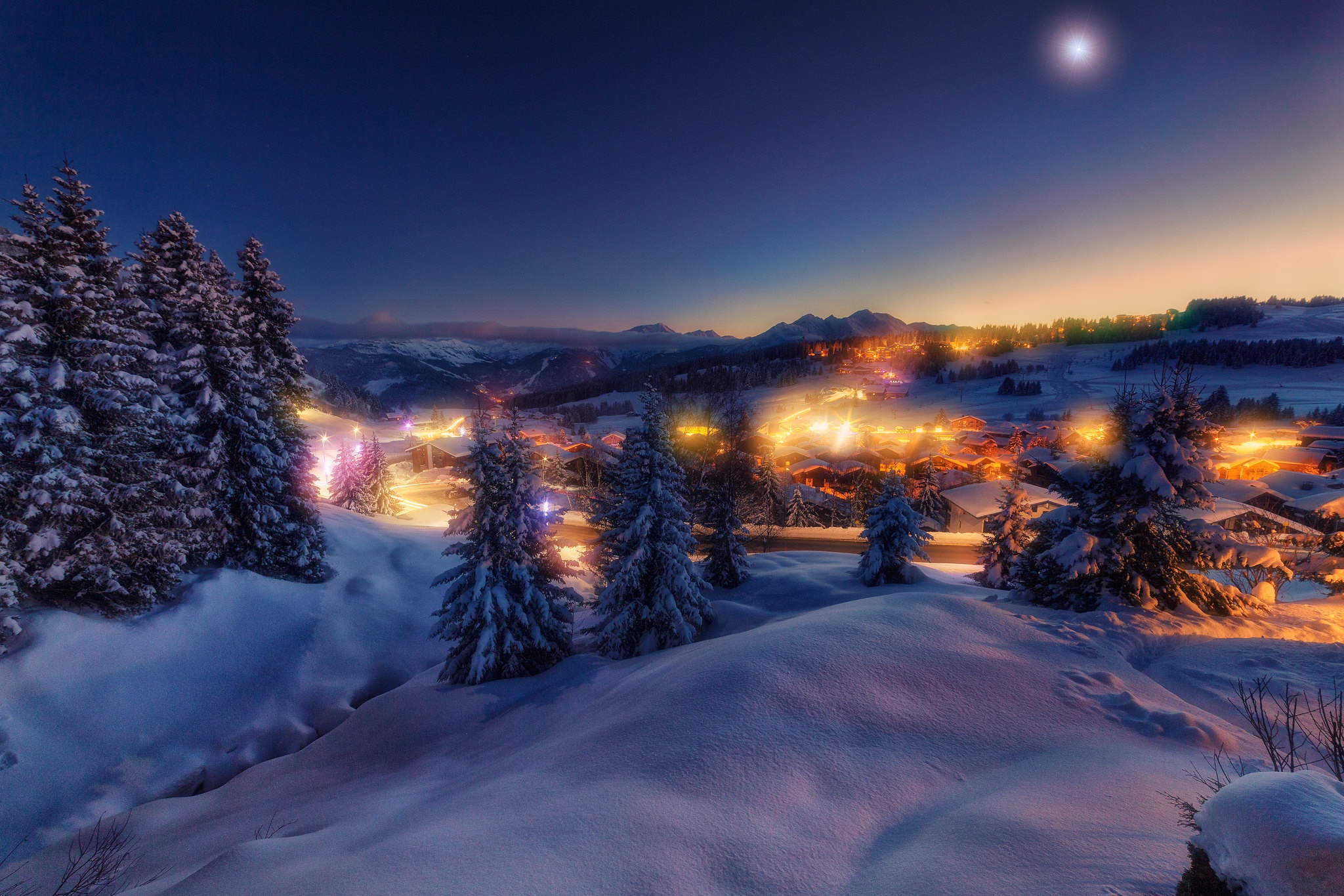 HD desktop wallpaper: Winter, Night, Snow, Village, France, Man Made download free picture