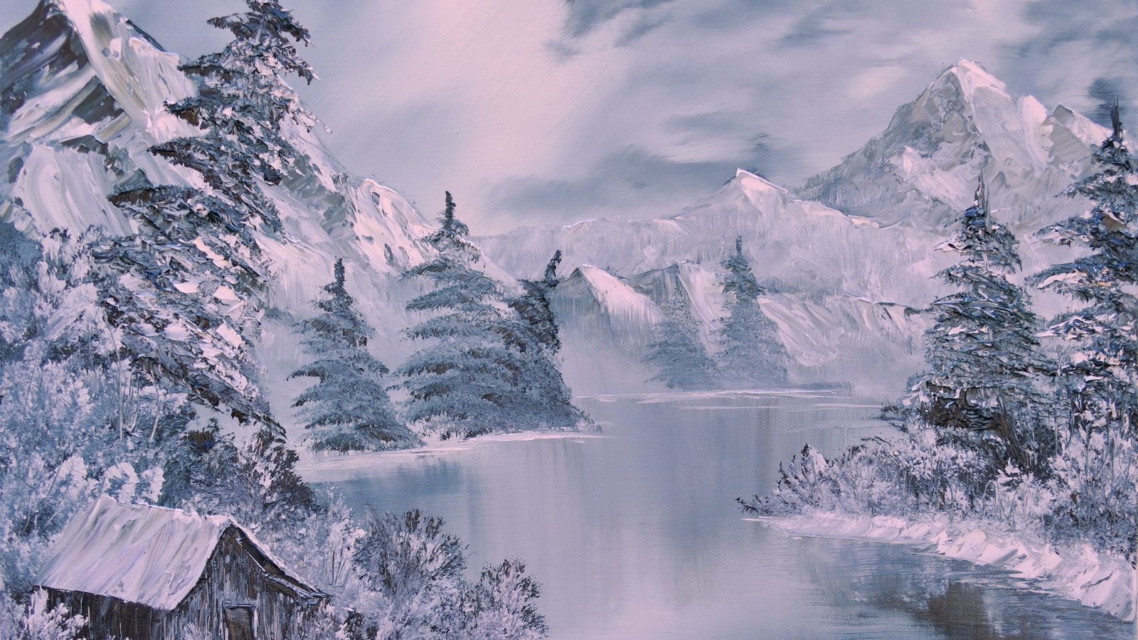 Download Wallpaper 1600x900 Winter, Art, Painting, River, Fir Trees, Lodge, White Widescreen 16:9 HD Background