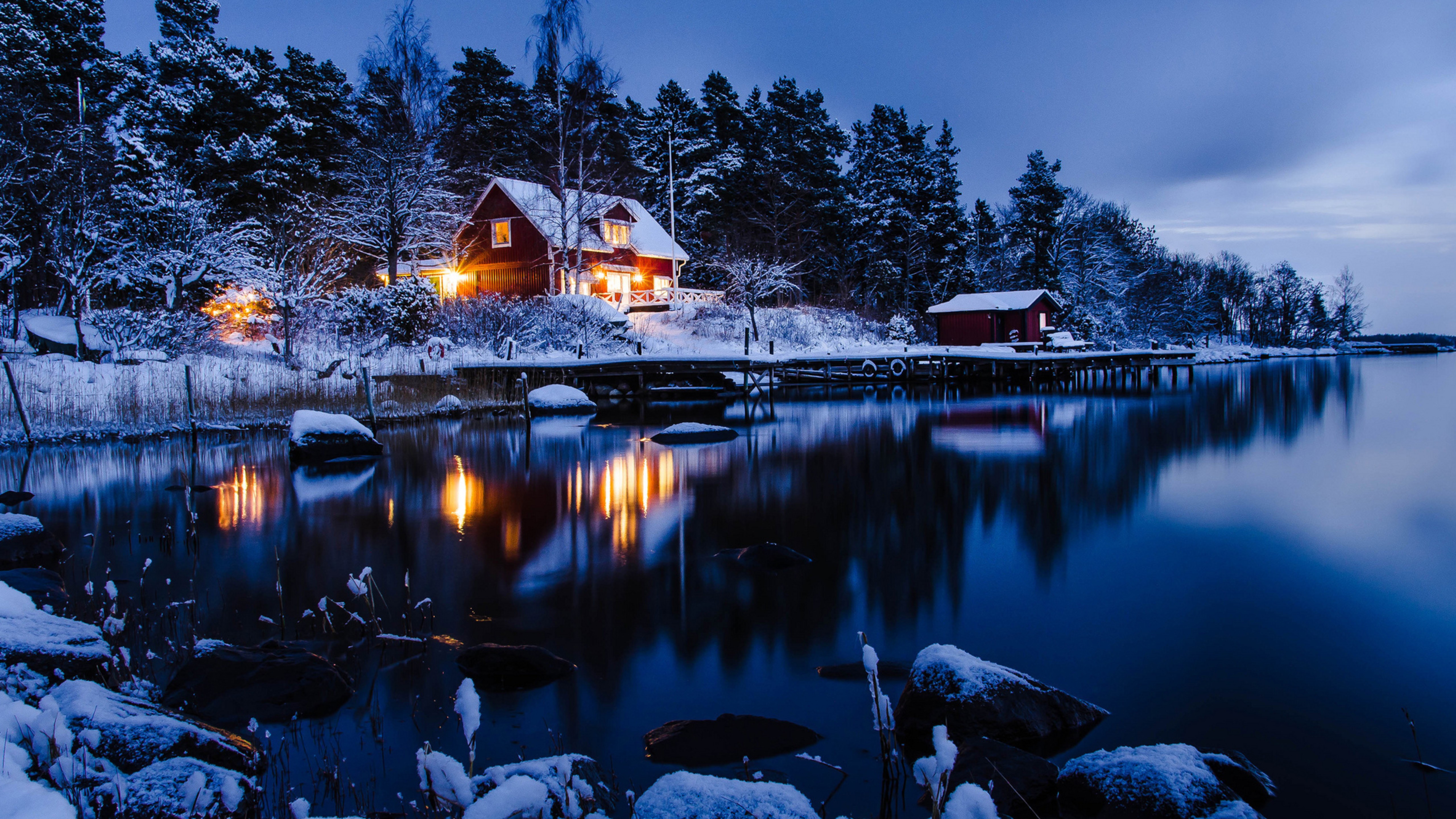 Wallpaper house, lake, trees, winter, 5k, Nature