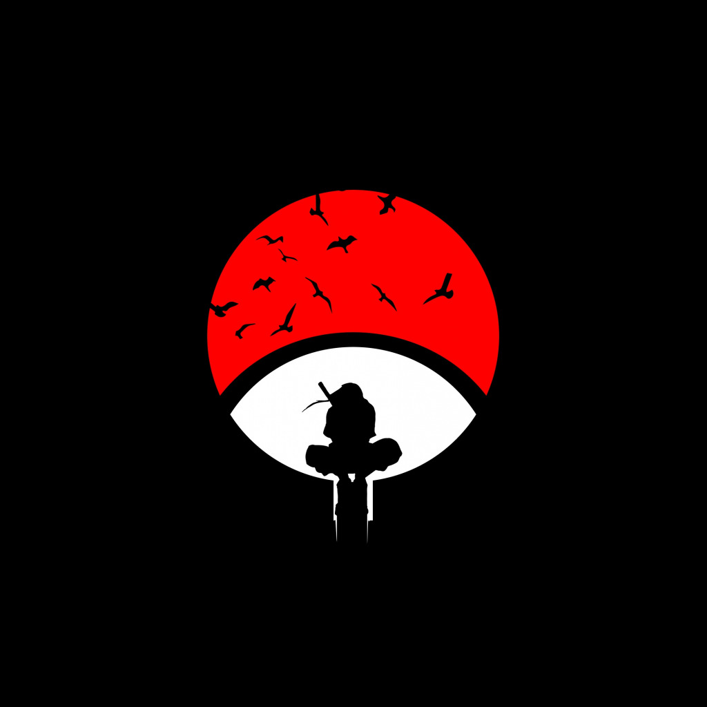 Download wallpaper naruto, clan, ninja, Uchiha, black background, silhouette, flying birds, section shonen in resolution 1024x1024