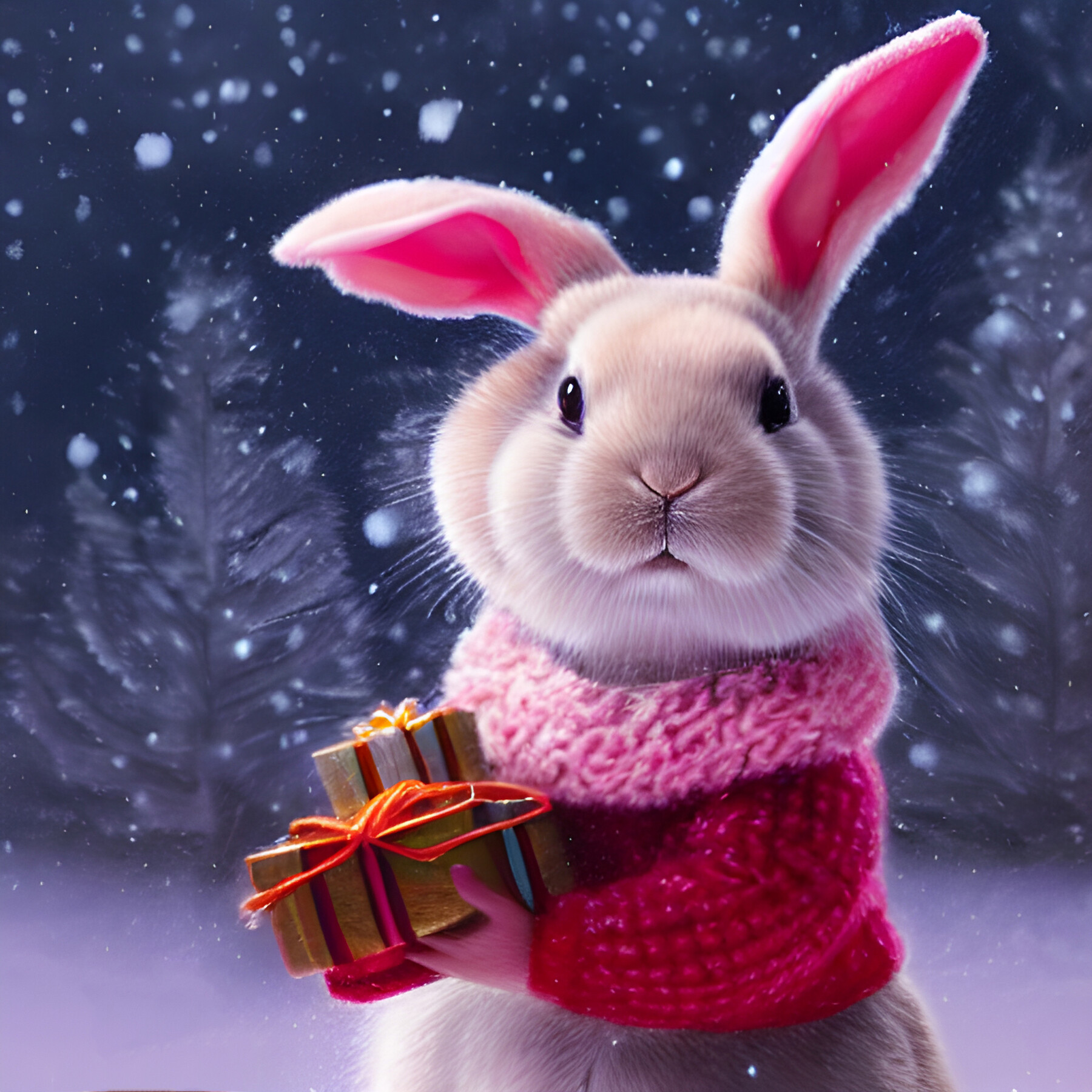 Pack of 26 cute little bunny, rabbit, knitted hat, christmas atmosphere, new year postcard, blizzard, winter