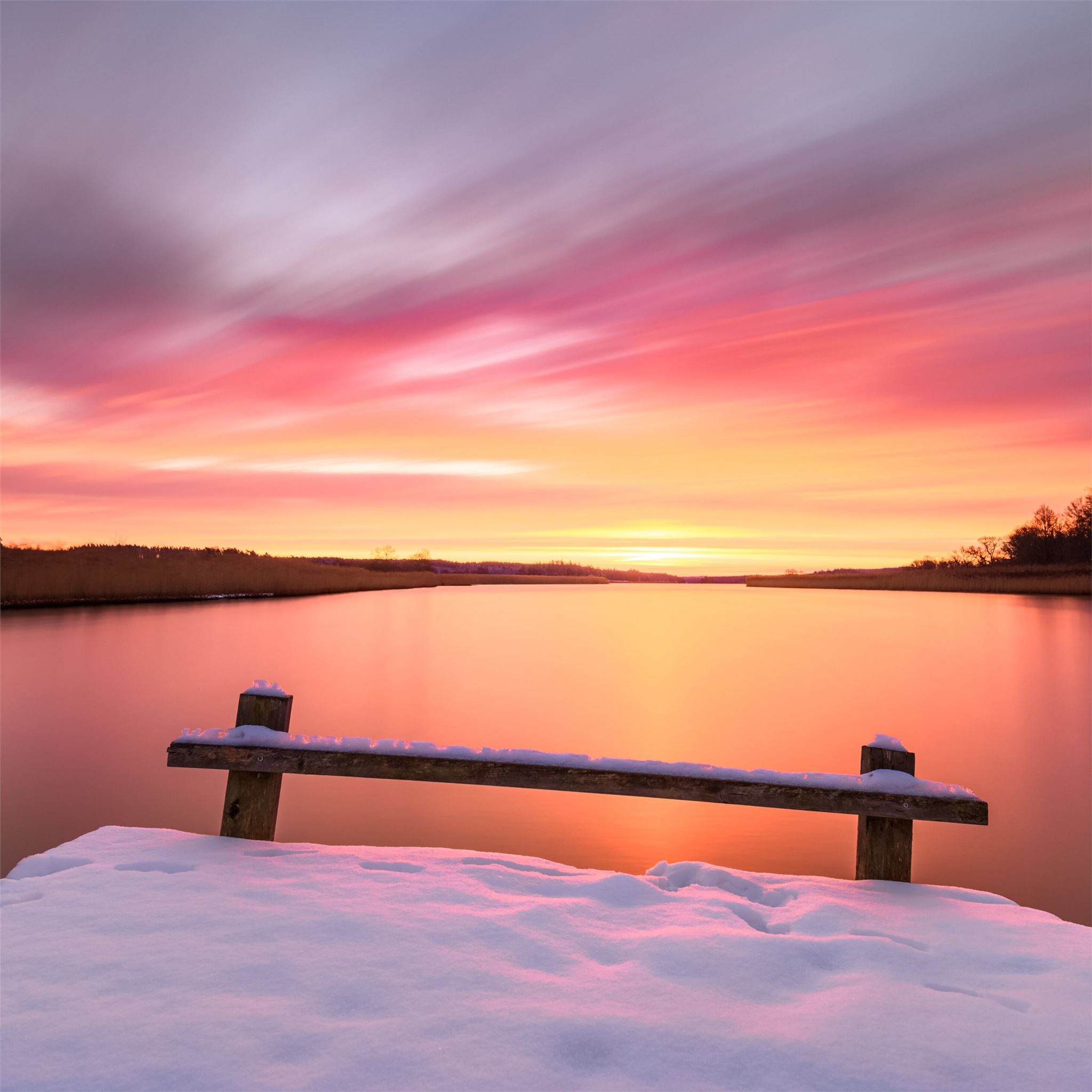 red sky morning winter snow bench 5k iPad Pro Wallpaper Free Download