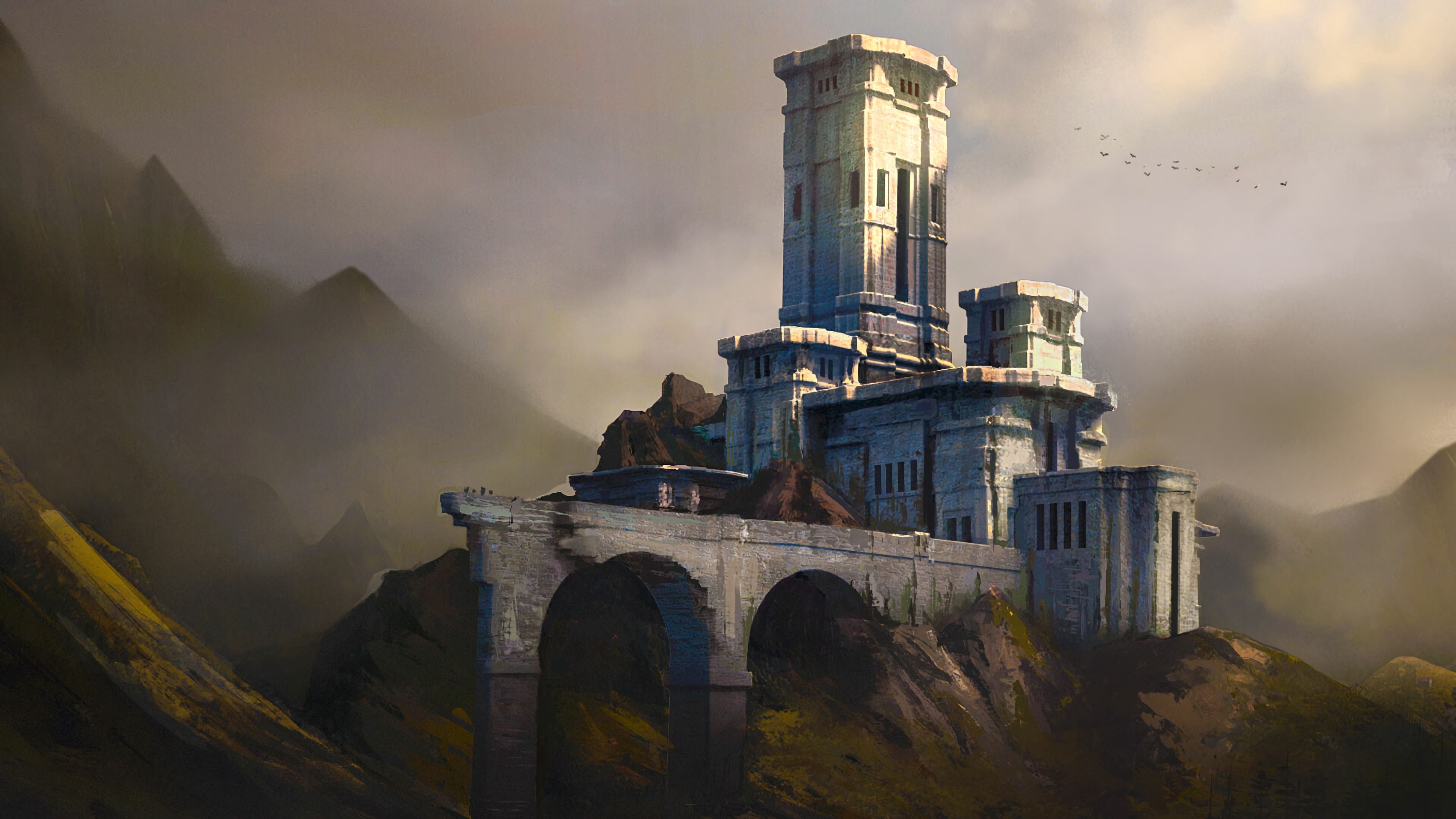 Download wallpaper 3840x2160 castle, rocks, old, art 4k uhd 16:9 HD background