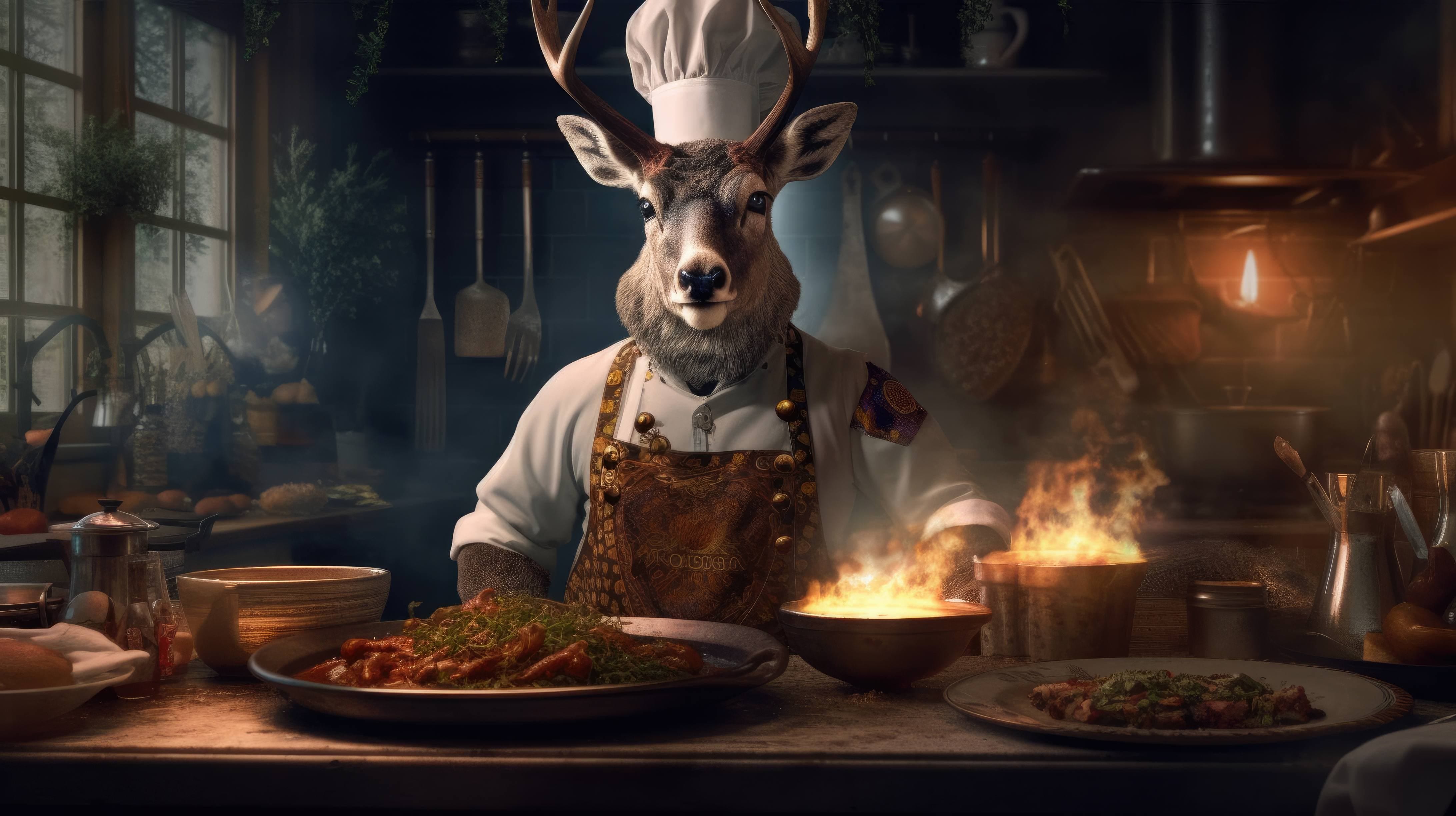 A 4K ultra HD wallpaper of a deer dressed in a chef's uniform, cooking up a delicious meal in a restaurant kitchen, showcasing culinary expertise as a skilled chef