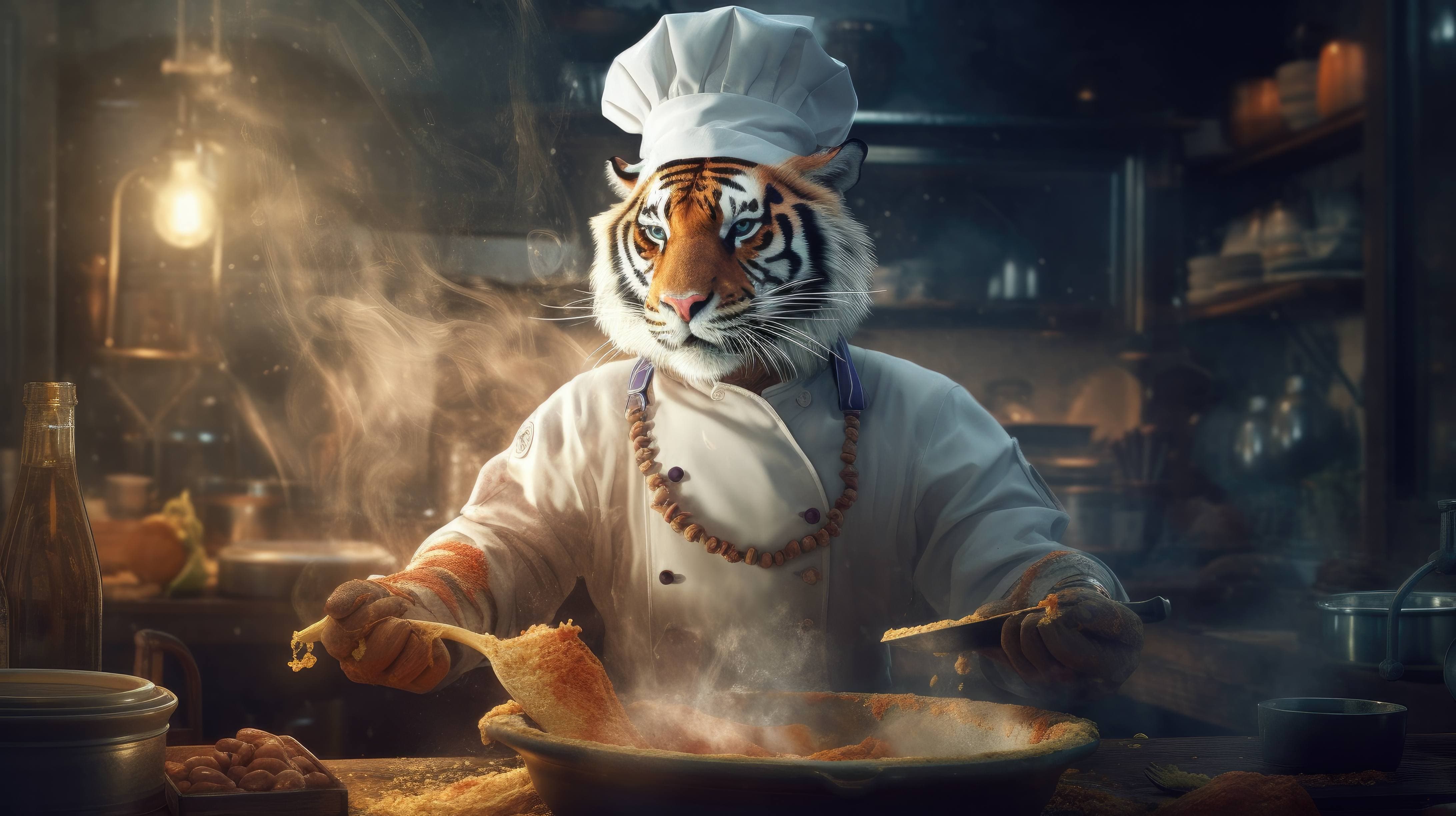 A 4K ultra HD wallpaper of a tiger dressed in a chef's outfit, holding a spatula and cooking in a kitchen, showcasing culinary mastery and passion as a talented chef