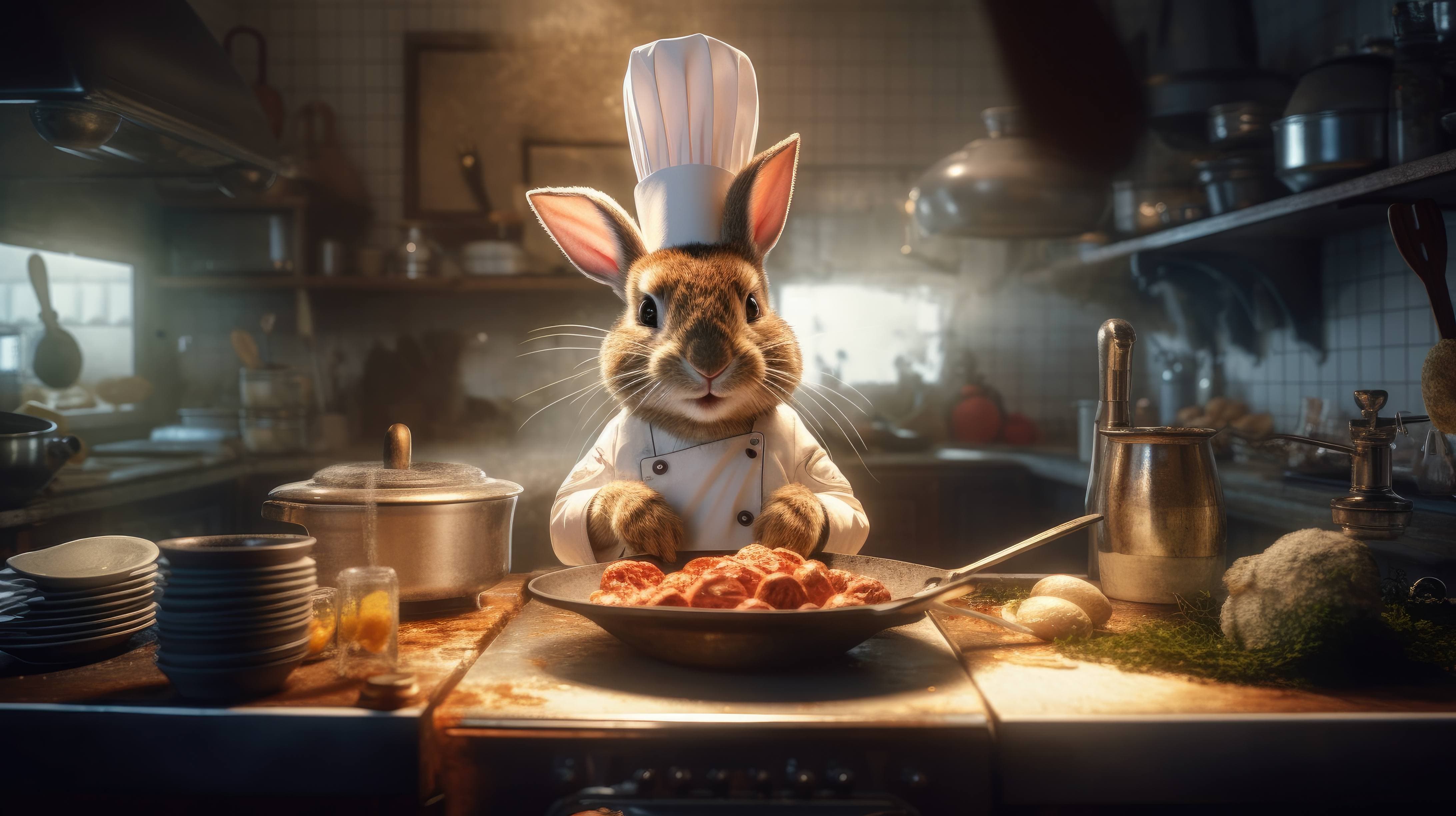 A 4K ultra HD wallpaper of a rabbit dressed in a chef's hat and apron, skillfully cooking in a restaurant kitchen, showcasing culinary expertise as a talented chef