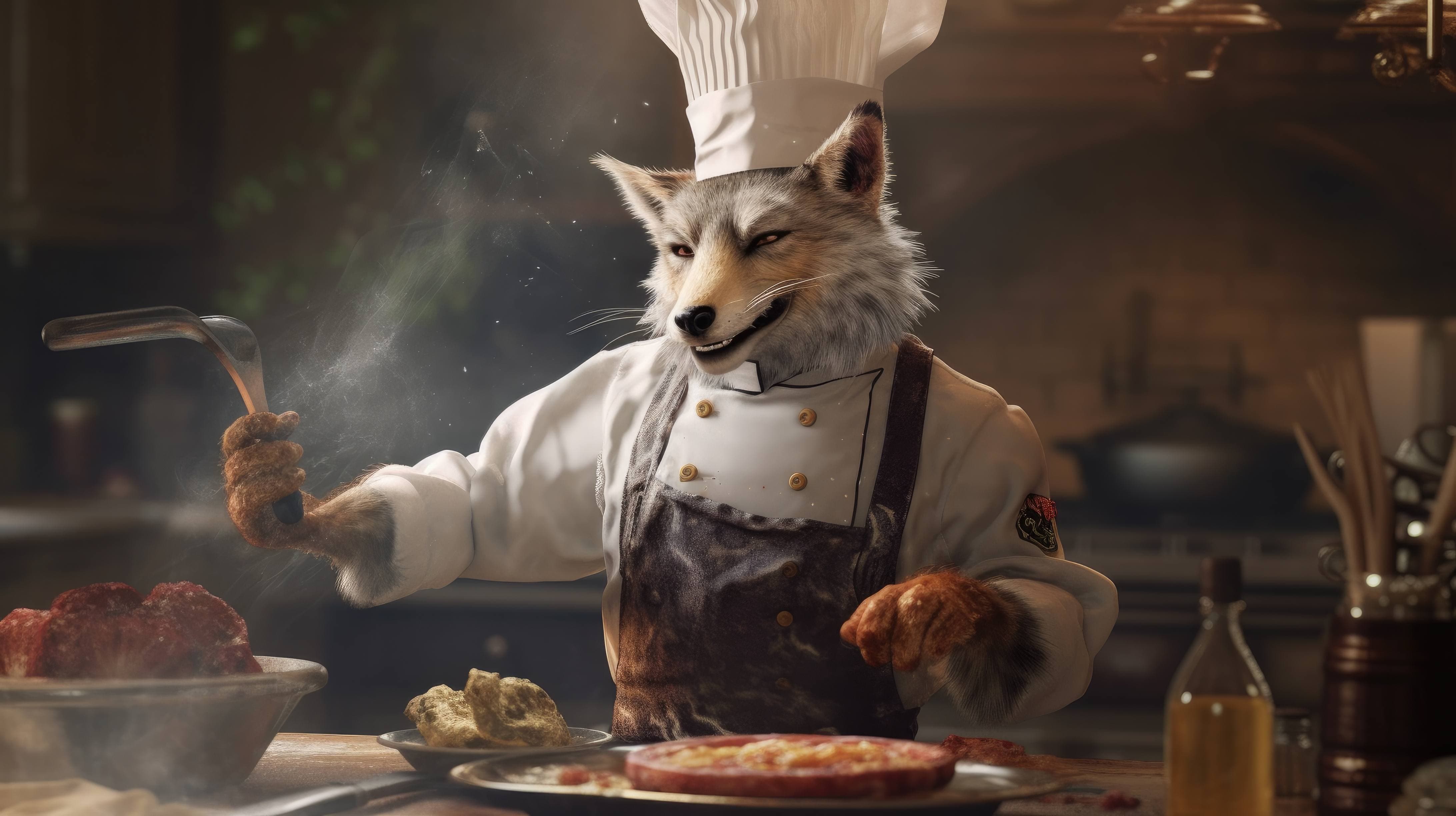 A 4K ultra HD wallpaper of a wolf dressed in a chef's uniform, wearing a tall chef's hat and holding a whisk, cooking up a gourmet meal as a masterful and renowned