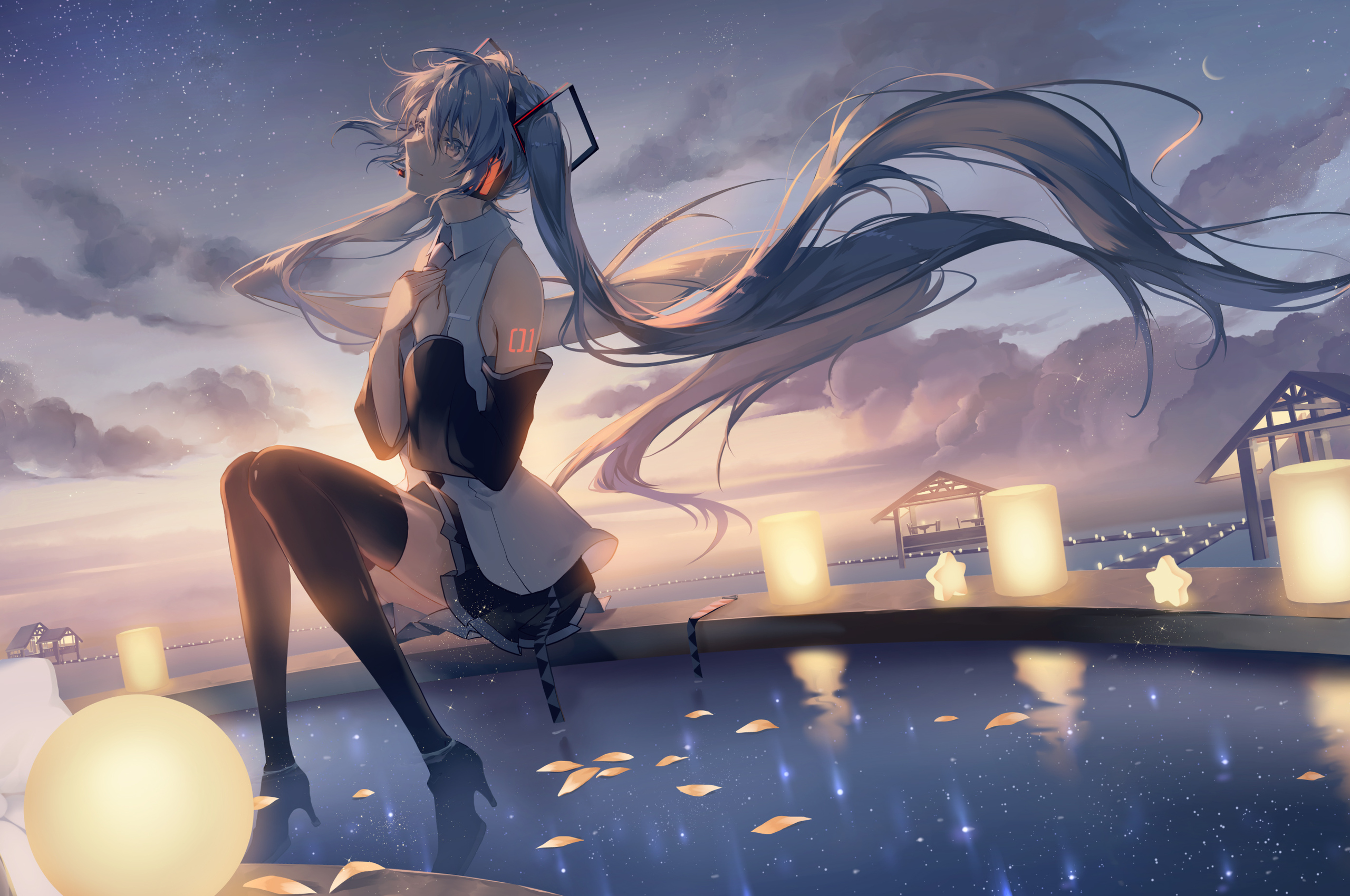 Hatsune Miku Anime Girl Headphones Looking Away Sunset Chromebook Pixel HD 4k Wallpaper, Image, Background, Photo and Picture