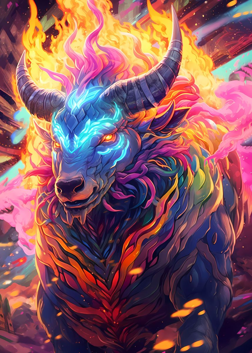 Rainbow Flame Bull' Poster