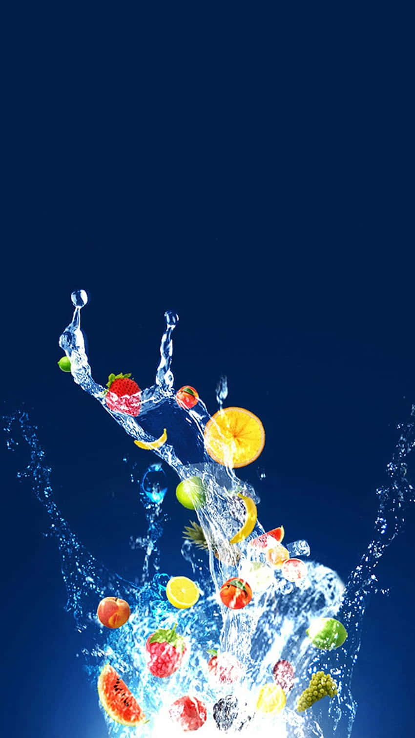 Download A Blue Background With Fruit Splashing Into The Water Wallpaper