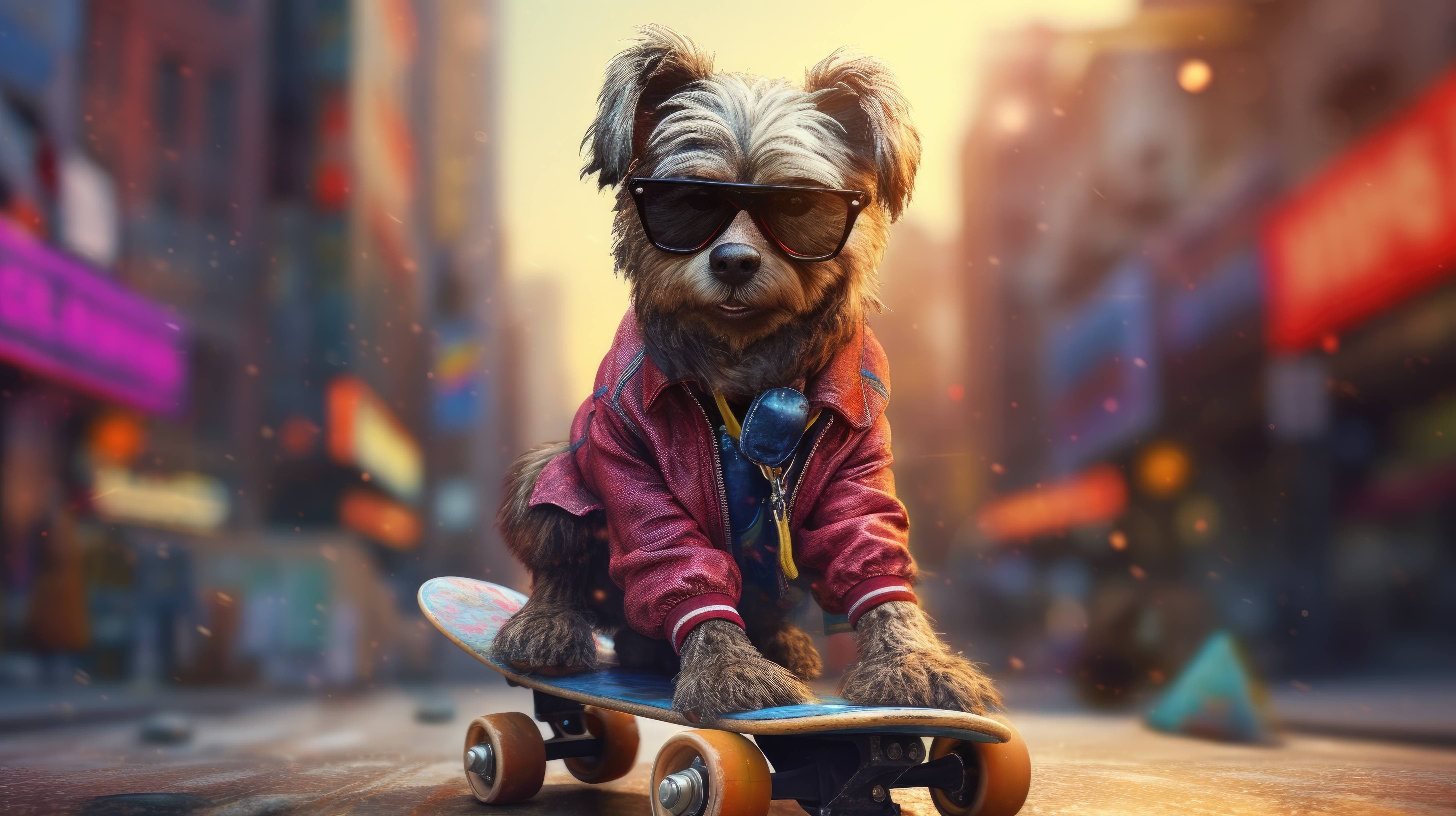 A 4K ultra HD wallpaper of a trendy dog wearing a leather jacket and sunglasses, skateboarding in a colorful urban setting alongside other animals dressed in street fashion