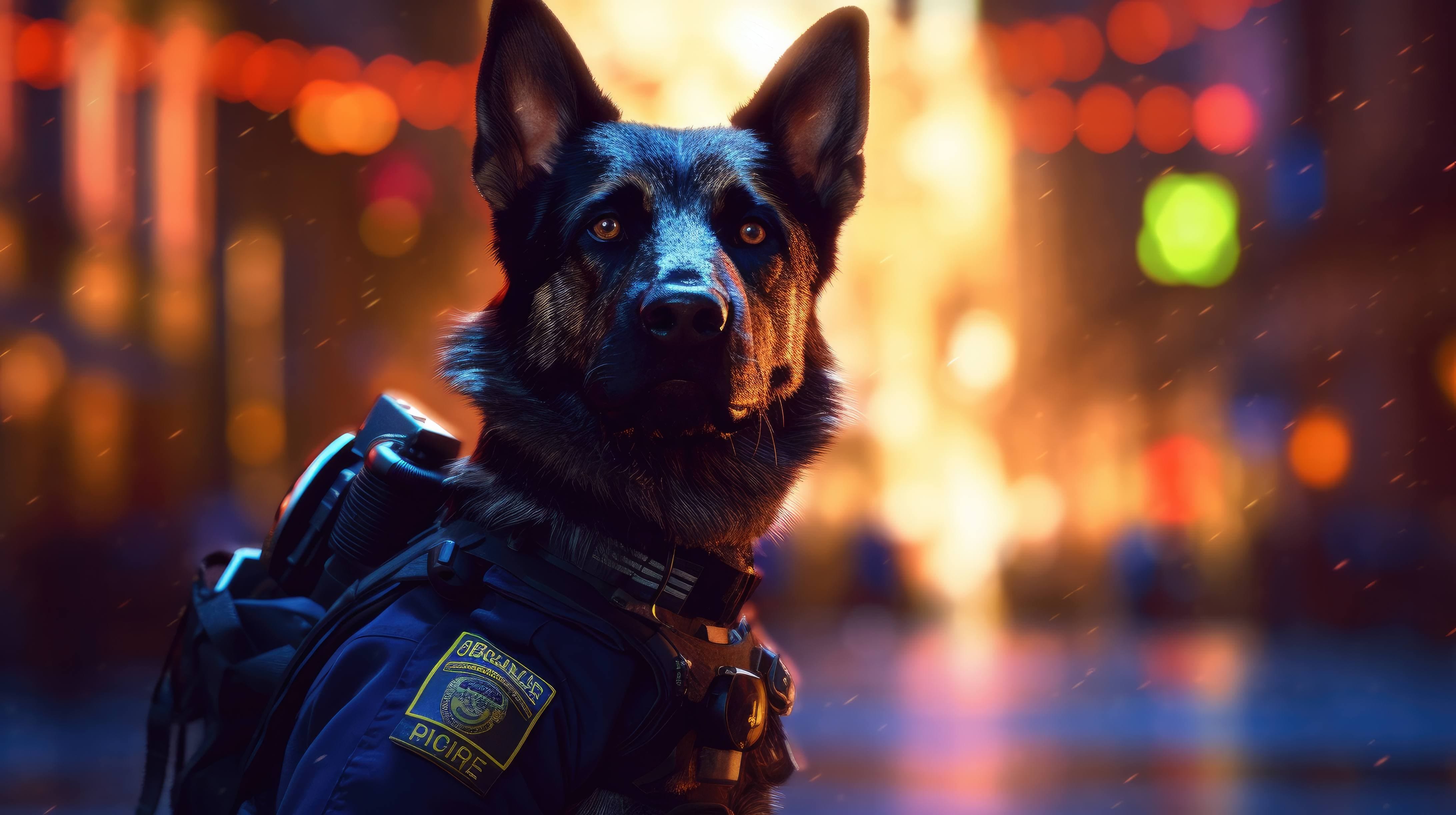 A 4K ultra HD wallpaper of a dog dressed in a police officer's uniform, wearing a badge and holding a flashlight, patrolling the streets as a dedicated law enforcement officer