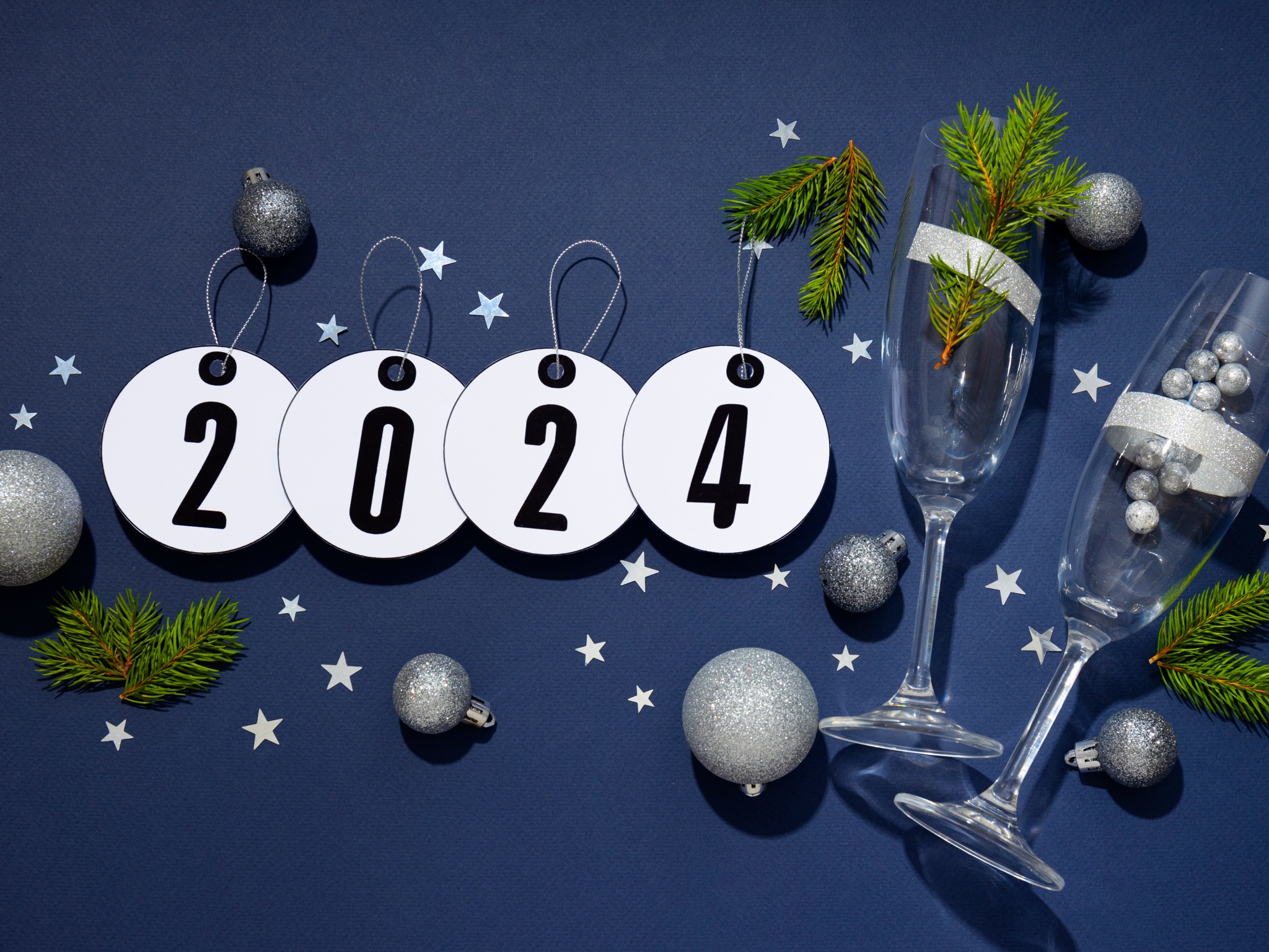 2024 New year Wallpaper 4K, Blue aesthetic, Party confetti