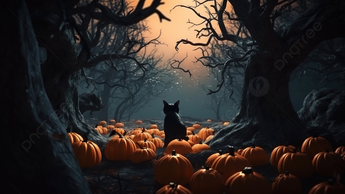 Designing A Spooky Halloween With 3D Rendered Forest Pumpkins And A Black Cat Background, Halloween Night, Haunted, Pumpkin Background Background Image And Wallpaper for Free Download