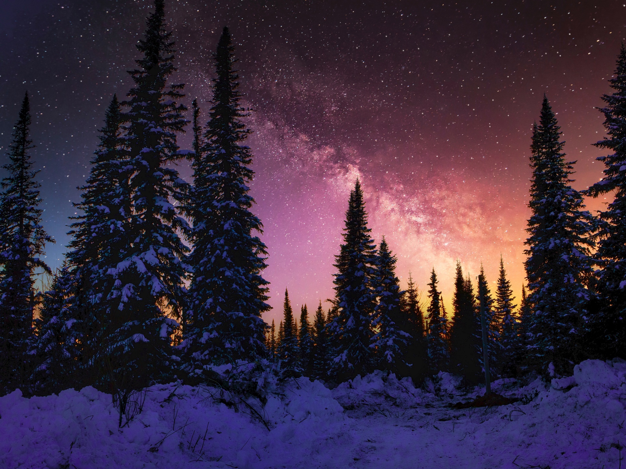 Winter Wallpaper 4K, Milky Way, Snow covered