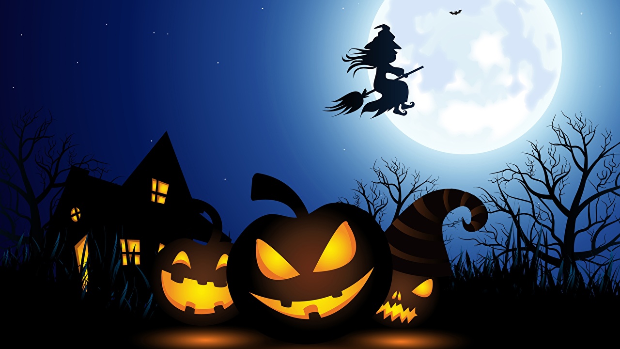Desktop Wallpaper Witch Silhouette Pumpkin Halloween Moon night