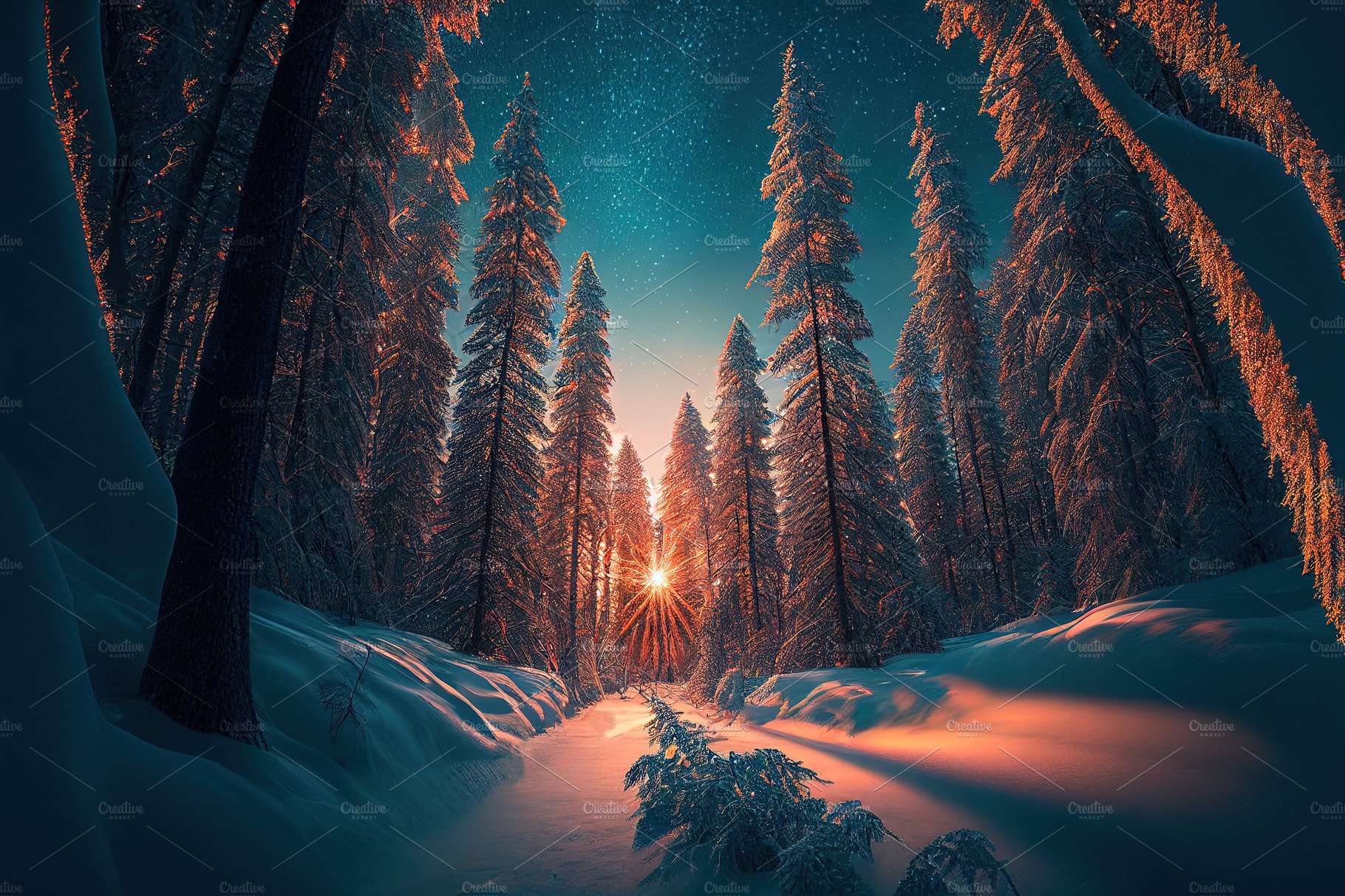 Winter landscape wallpaper with pine forest covered with snow an. Nature Creative Market