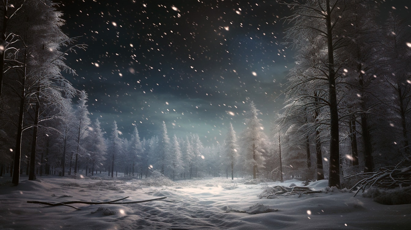 Free picture: Snowing in forest at night time winter landscape illustration