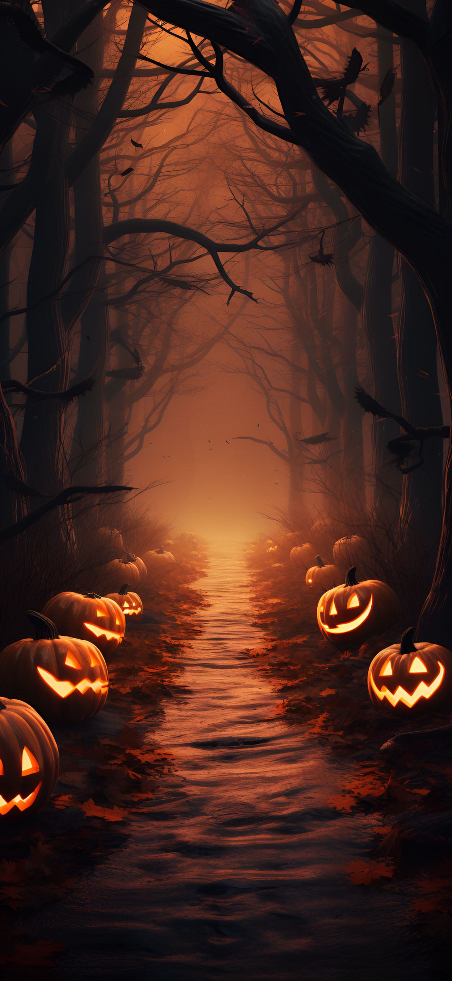 Jack O Lanterns In Forest Halloween Wallpaper