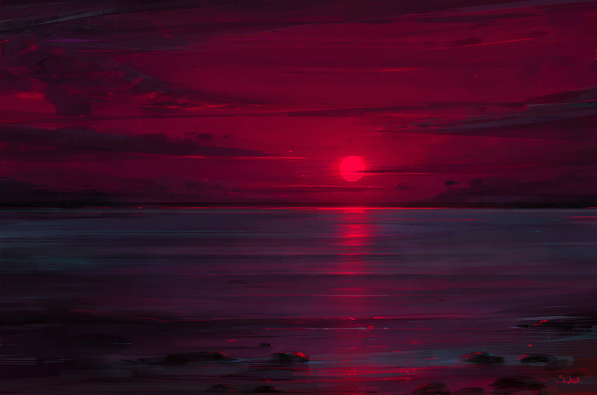 Sunset Neon Ocean Wallpaper, HD Artist
